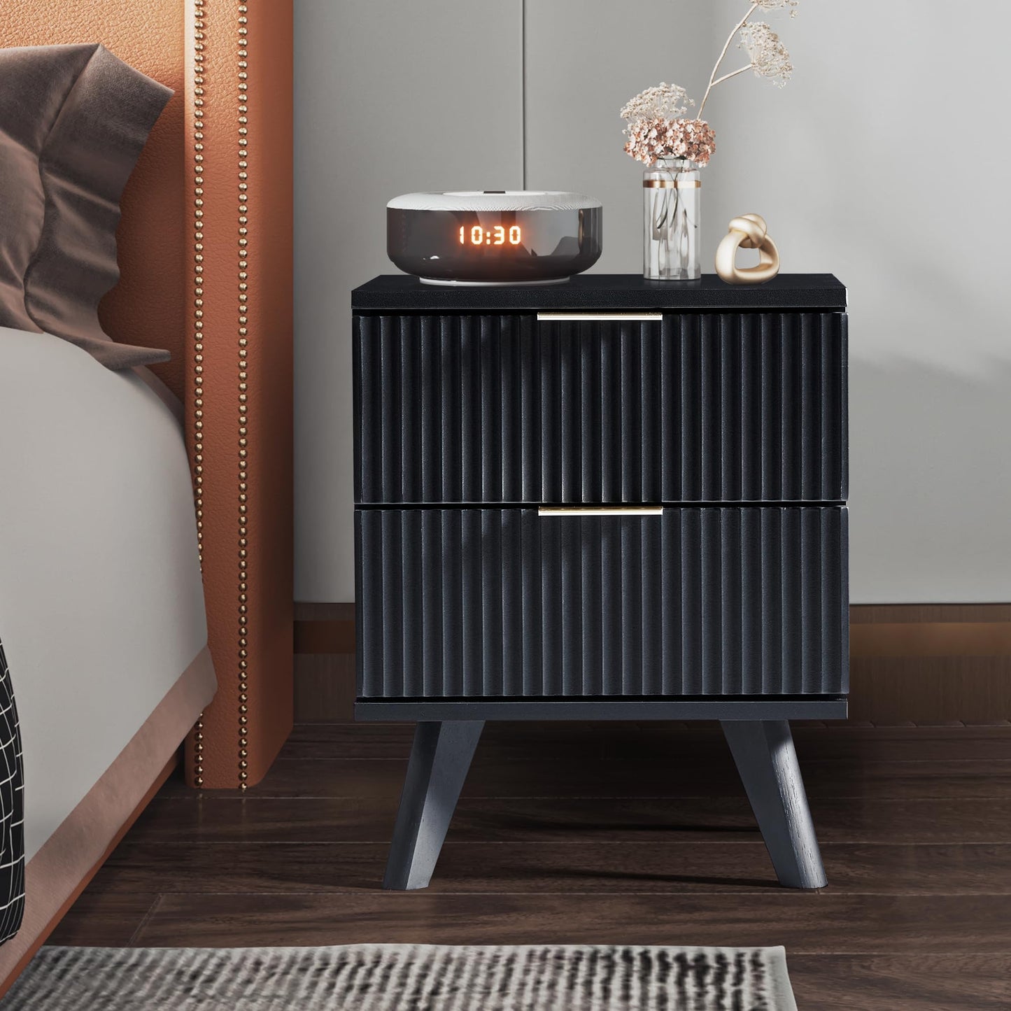 Fluted Nightstand Set of 2, Mid Century Modern 2 Drawer Dresser for Bedroom, Small Dresser Night Stand Side Table End Table with Wood Fluted Drawer Storage for Bedroom Closet(Walnut)