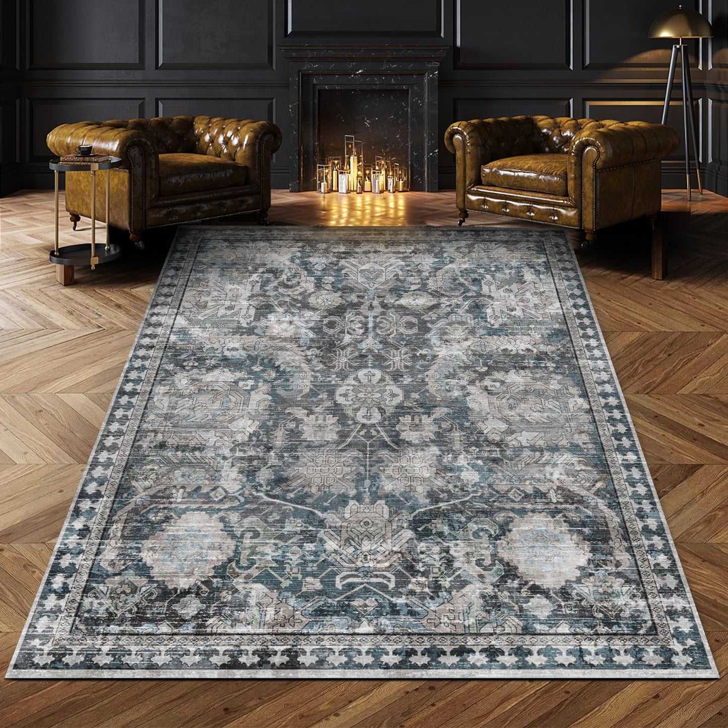 Washable Area Rugs - Perfect for Living Room, Bedroom, Kids Room, Nursery - Stain & Water Resistant Non-Slip, Pet & Child Friendly, Vintage Tribal Area Rugs (Navy, 9' x 12')