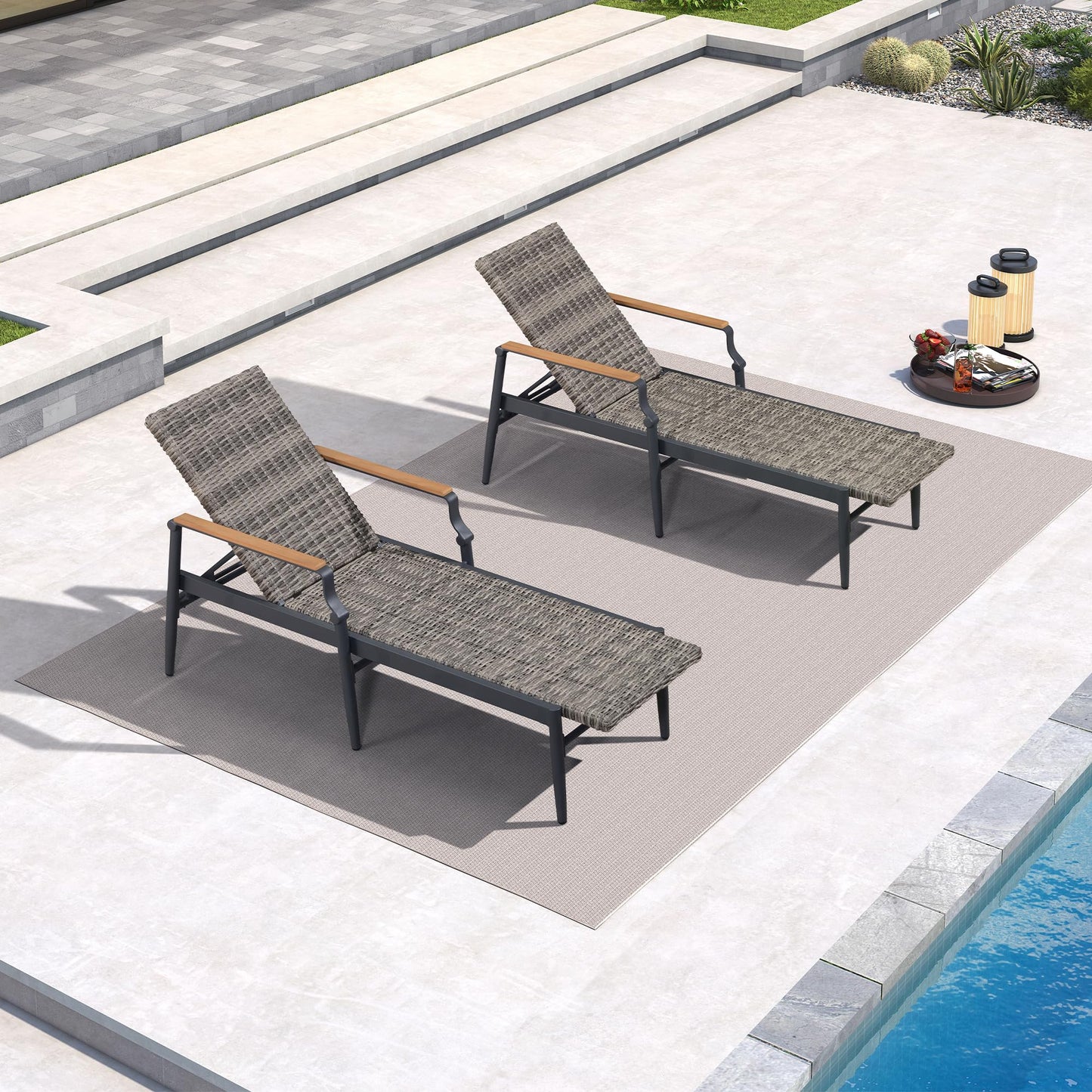 PURPLE LEAF Outdoor Chaise Lounge Chair Set of 2 Patio Pool Lounger Wicker Chairs with Wooden Armrest Sunbathing Tanning Recliner for Pool Backyard Garden Dark Brown