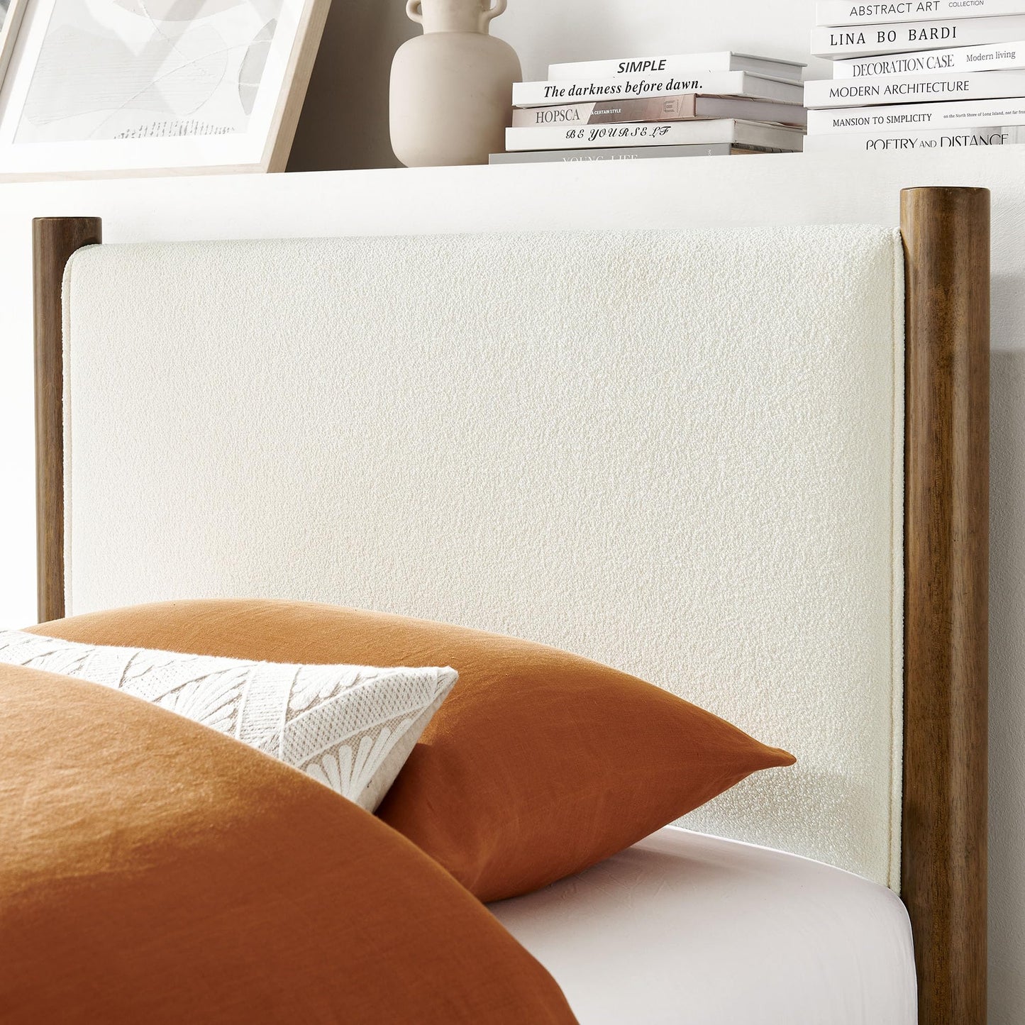 Modway Maven King Size Bed Frame in Tan Walnut with Faux Leather Upholstered Headboard and Footboard – Wood King Platform Bed Frame – No Box Spring Needed