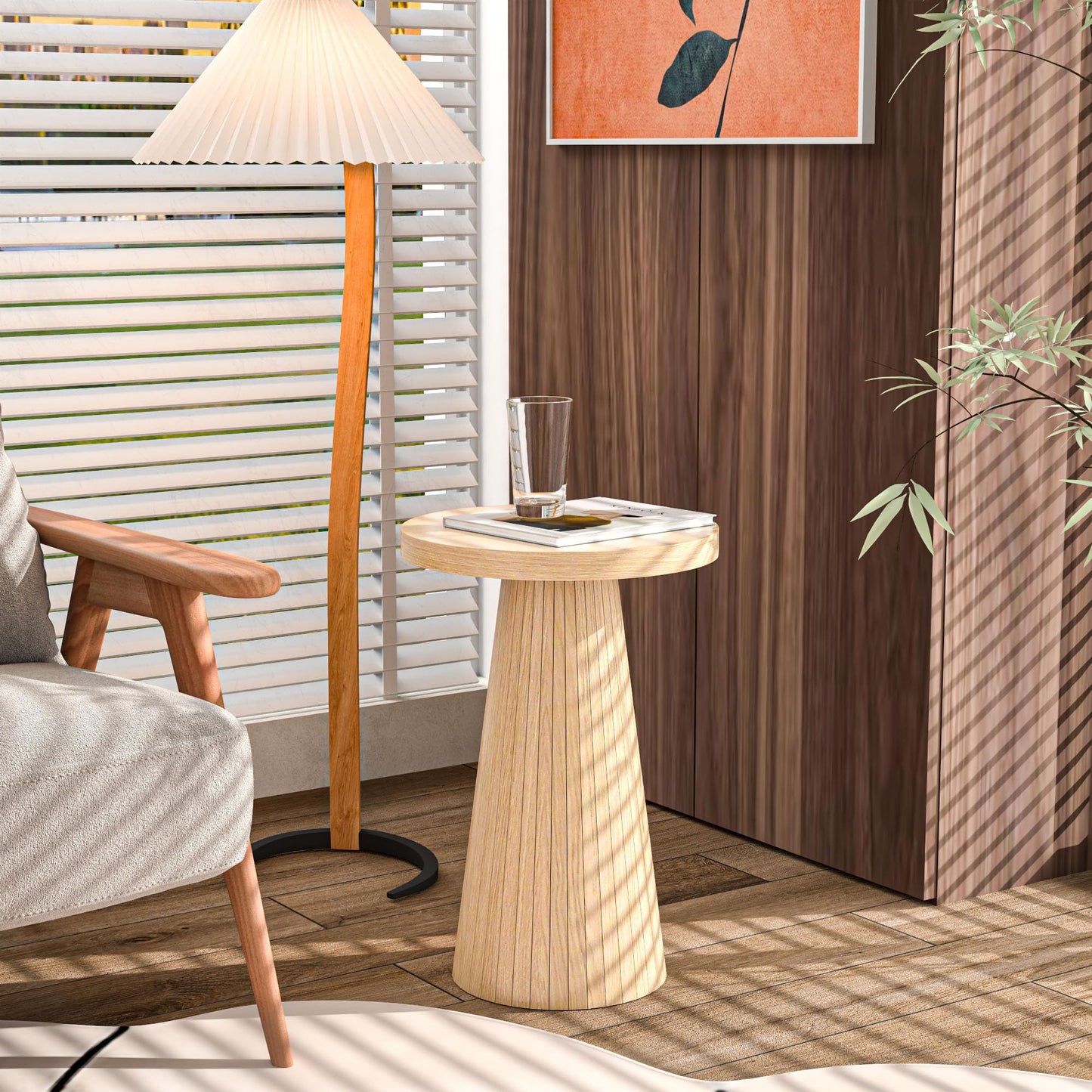 Small Round Pedestal Side Table, Wooden End Table for Living Room, Fluted Drink Table for Small Space, Modern Plant Stand Accent Table for Sofa Couch, 13.6 inch (Walnut)