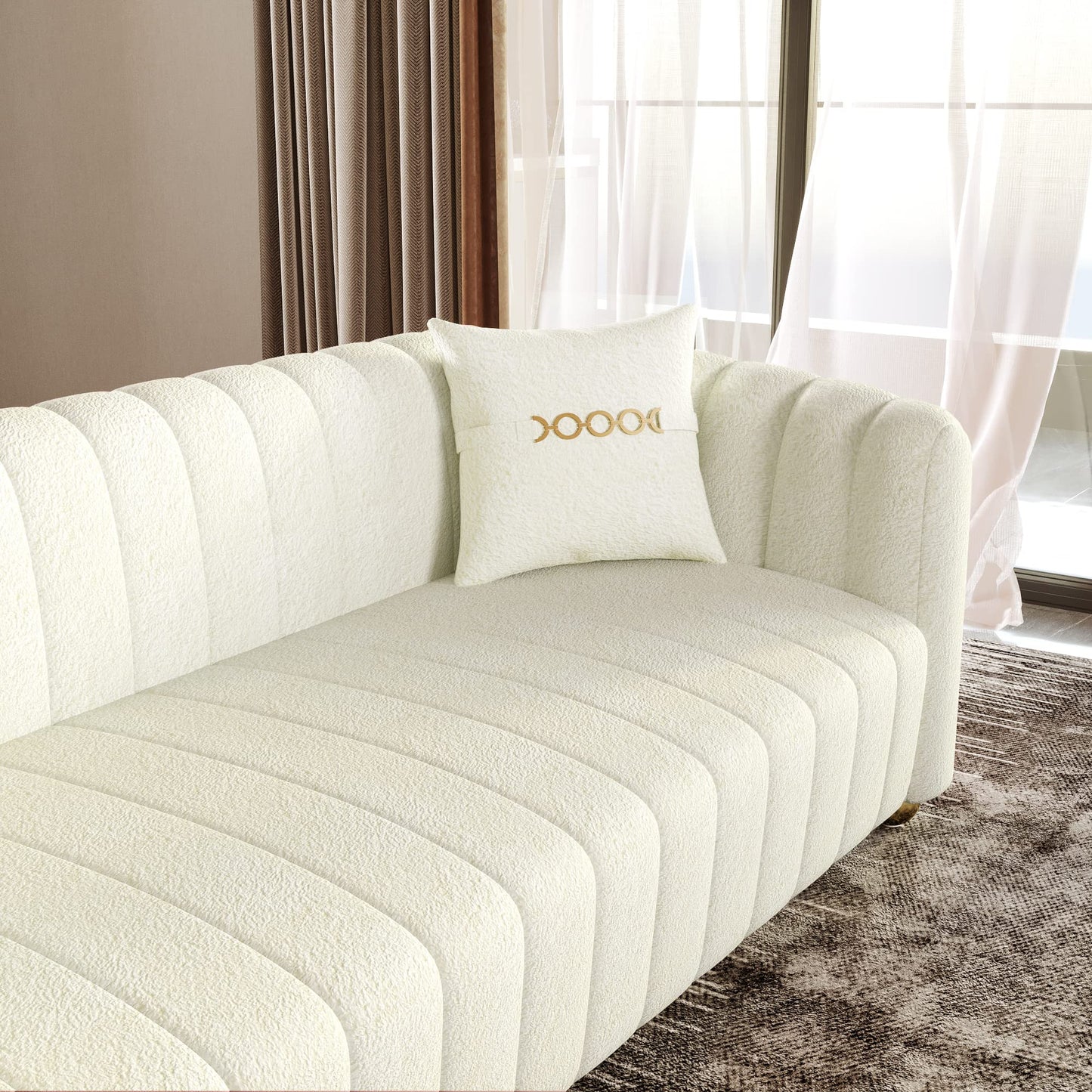 83'' Sofa for Living Room Modern Teddy Short Plush Couch 3-Seater Apartment Sofa with 2 Pillows & Golden Metal Legs