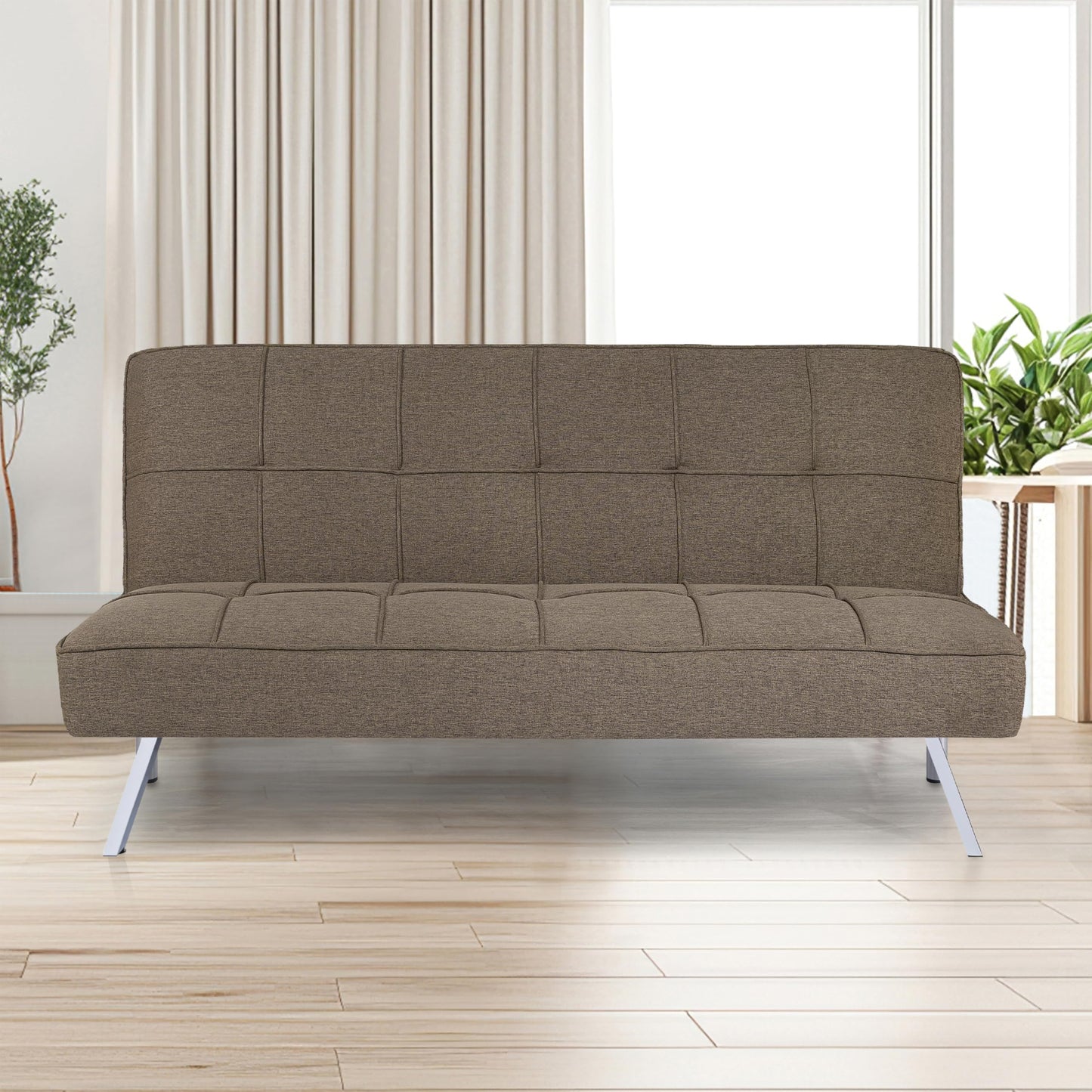 Naomi Home Madison Futon Sofa Bed, Tan Linen, 3-Position Convertible, Space-Saving, 66.14" W