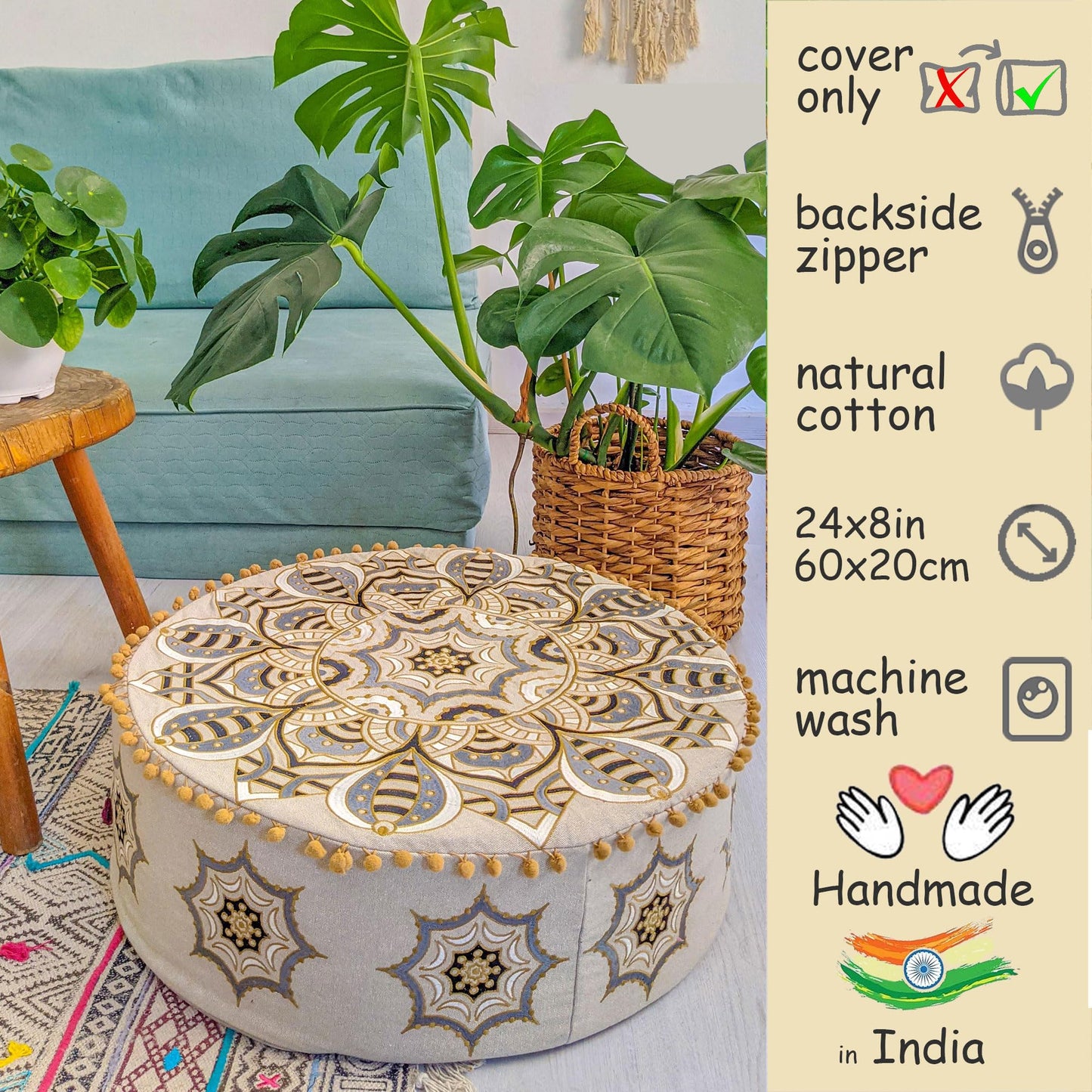 Large Round Floor Pillow Cover Blue Indian Décorative Accent Meditation Cushion Perfect for Living Room, Bedroom, Nursary or Children Room Seating Area Stool Footstool Pouf Ottoman 24x8 Unstuffed