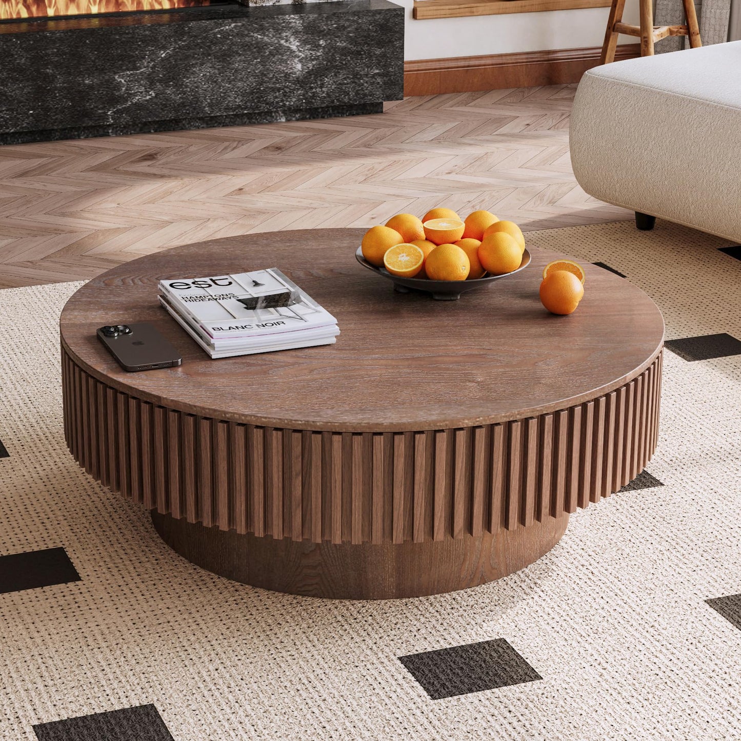 31.5" Round Drum Coffee Table with Storage, Handcraft Fluted Drum Coffee Table, Modern Wooden Circle Cocktail Tea Table Center Table with Sturdy Pedestal for Living Room Apartment (Walnut)