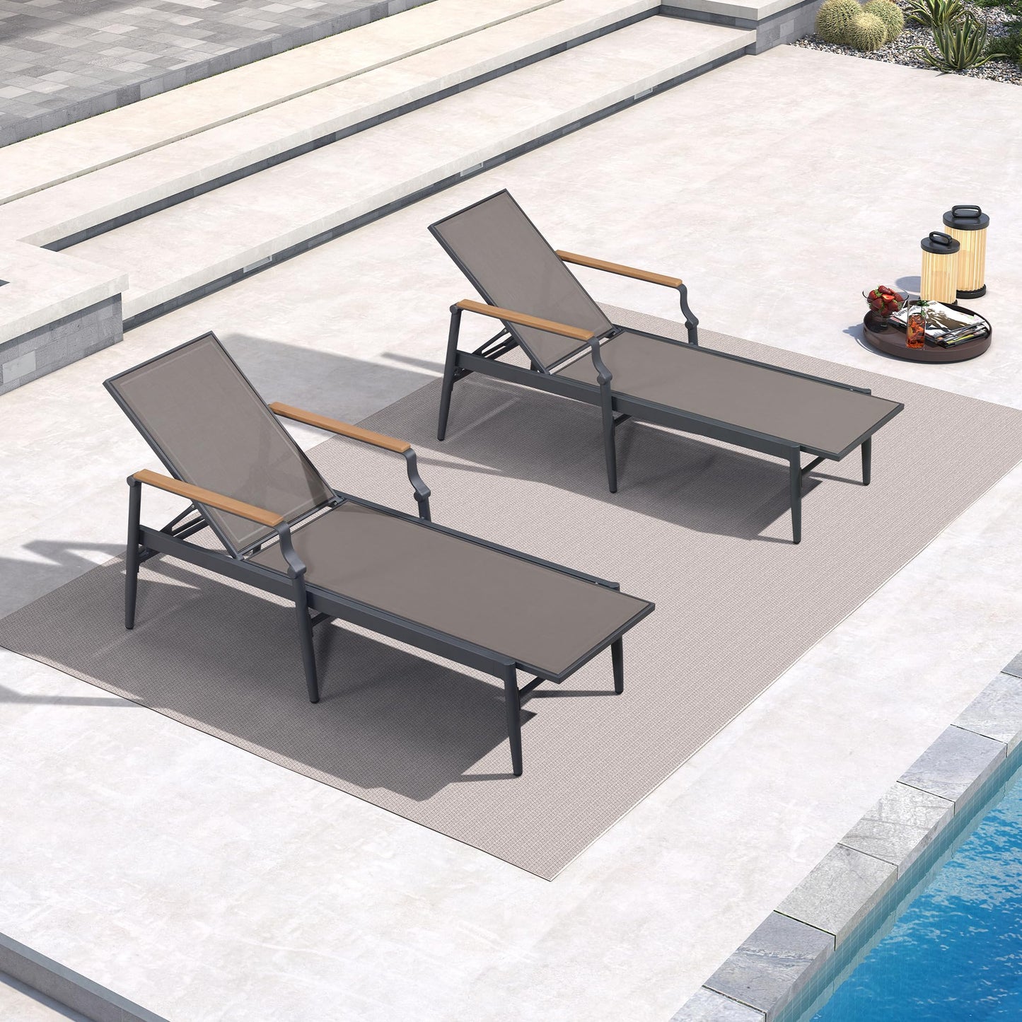 PURPLE LEAF Outdoor Chaise Lounge Chair Set of 2 Patio Pool Lounger Wicker Chairs with Wooden Armrest Sunbathing Tanning Recliner for Pool Backyard Garden Dark Brown