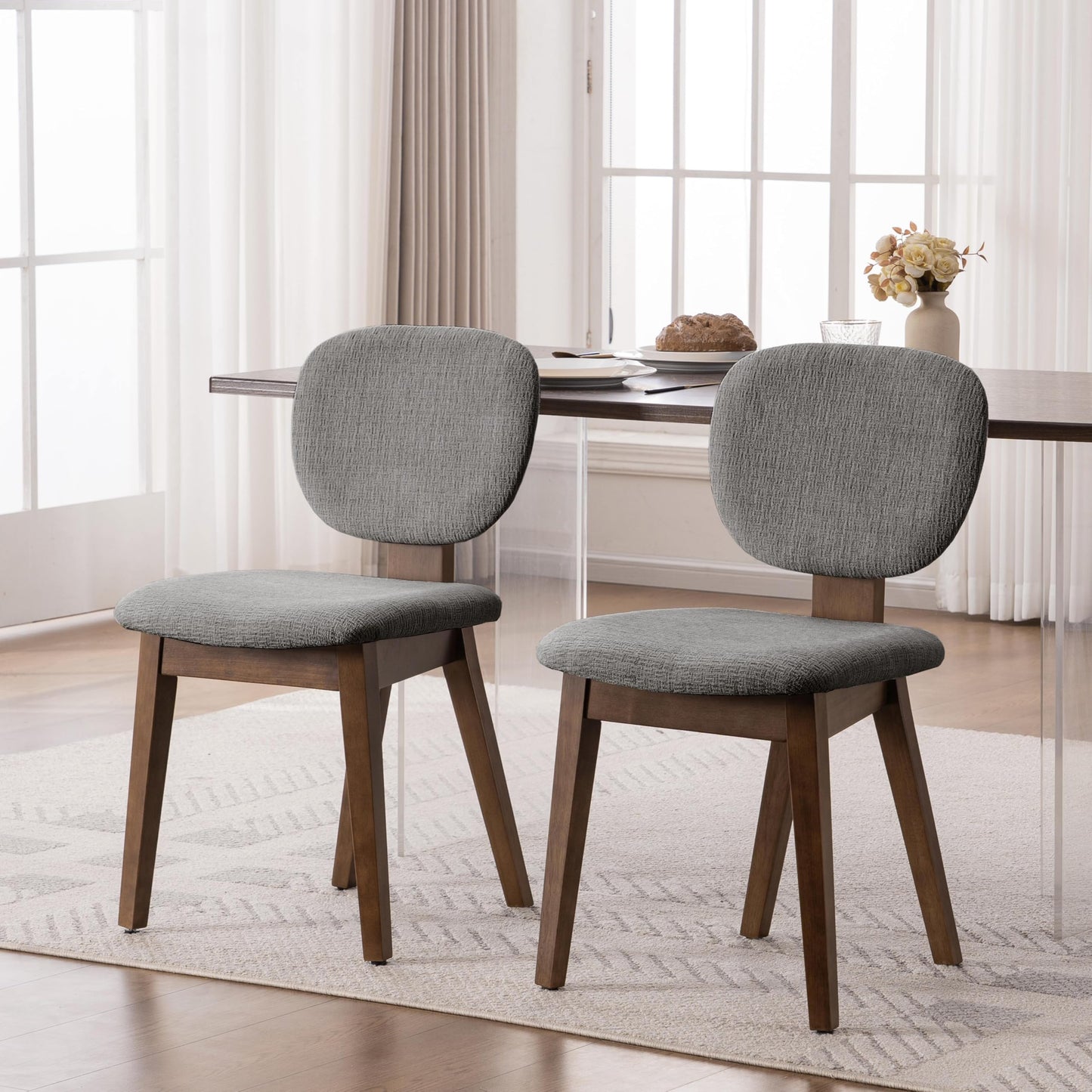 VKNOW Wooden Dining Chairs Set of 4, Mid Century Modern Upholstered Kitchen Side Chairs, Chenille Dining Room Chair with Curved Seat Backrest for Home Dining Room,Green