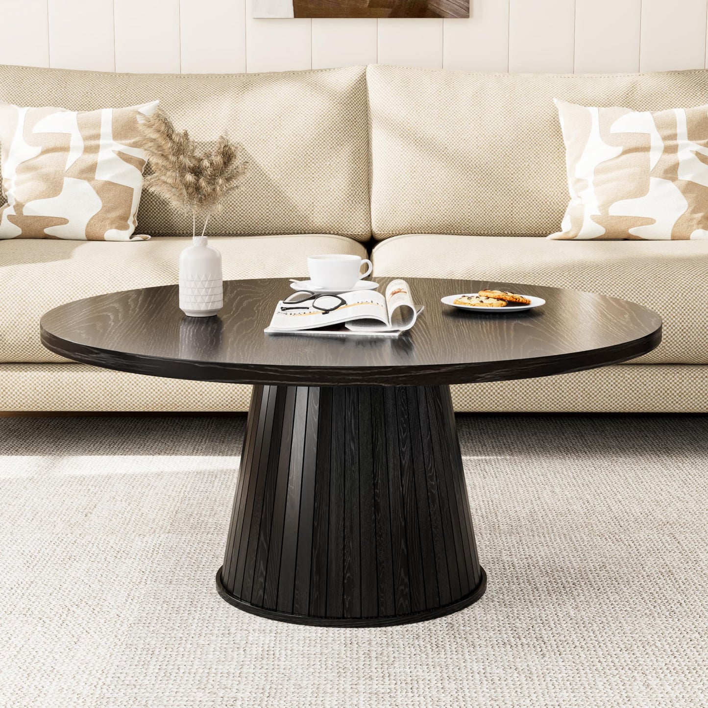 Fluted Round Coffee Table, Mid Century Modern Coffee Table, Small Walnut Circle Center Table, Brown, Farmhouse Wood, for Living Room, 31.5 Inches, Rustic, Easy Assembly