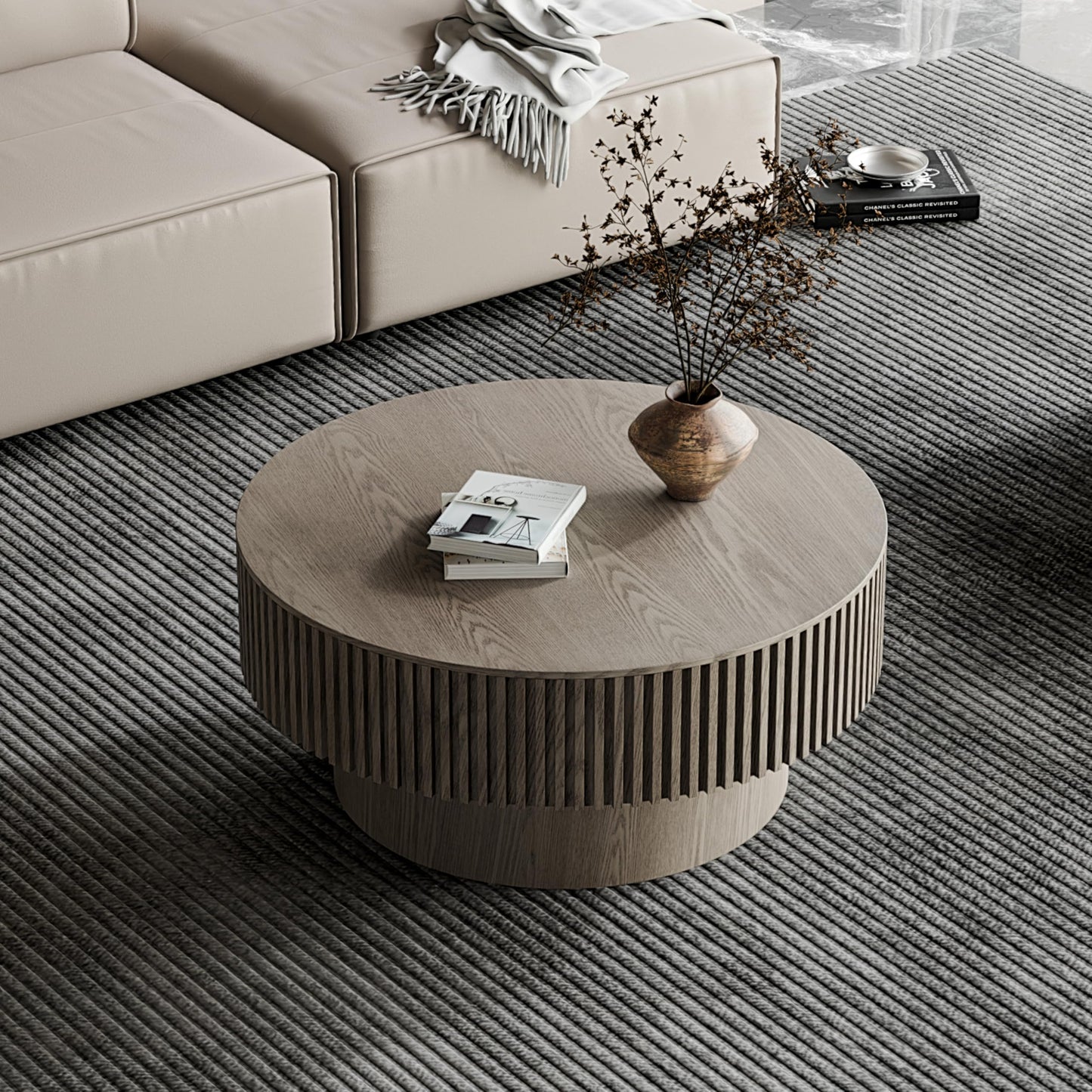 31.5" Round Drum Coffee Table with Storage, Handcraft Fluted Drum Coffee Table, Modern Wooden Circle Cocktail Tea Table Center Table with Sturdy Pedestal for Living Room Apartment (Walnut)