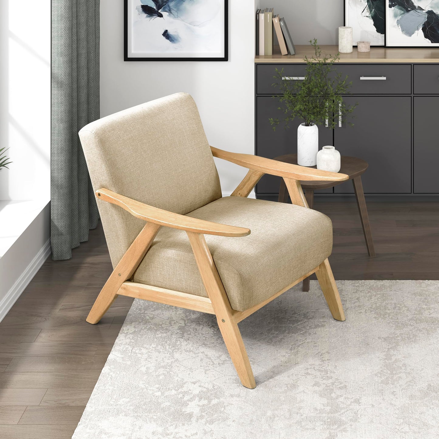 Lexicon Mid Century Modern Accent Chair with Solid Wood Frame in Walnut Finish, Upholstered Living Room Lounge Arm Chair, Thick and Comfy Innerspring Seat Cushion, Linen-Look Fabric, Gray