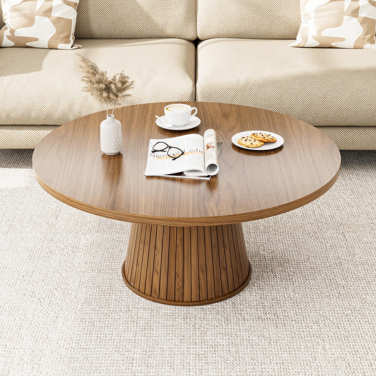 Fluted Round Coffee Table, Mid Century Modern Coffee Table, Small Walnut Circle Center Table, Brown, Farmhouse Wood, for Living Room, 31.5 Inches, Rustic, Easy Assembly