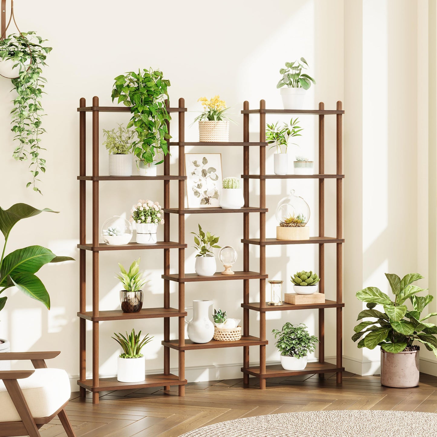 IOTXY Wooden Triple Wide Bookshelf - 5-Tier Large Shelf Bookcase with Solid Beech Frame, Tall Freestanding Open Etagere Display Rack for Home Office, Walnut