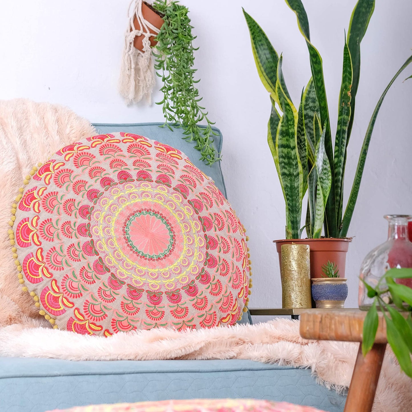 Large Round Floor Pillow Cover Blue Indian Décorative Accent Meditation Cushion Perfect for Living Room, Bedroom, Nursary or Children Room Seating Area Stool Footstool Pouf Ottoman 24x8 Unstuffed