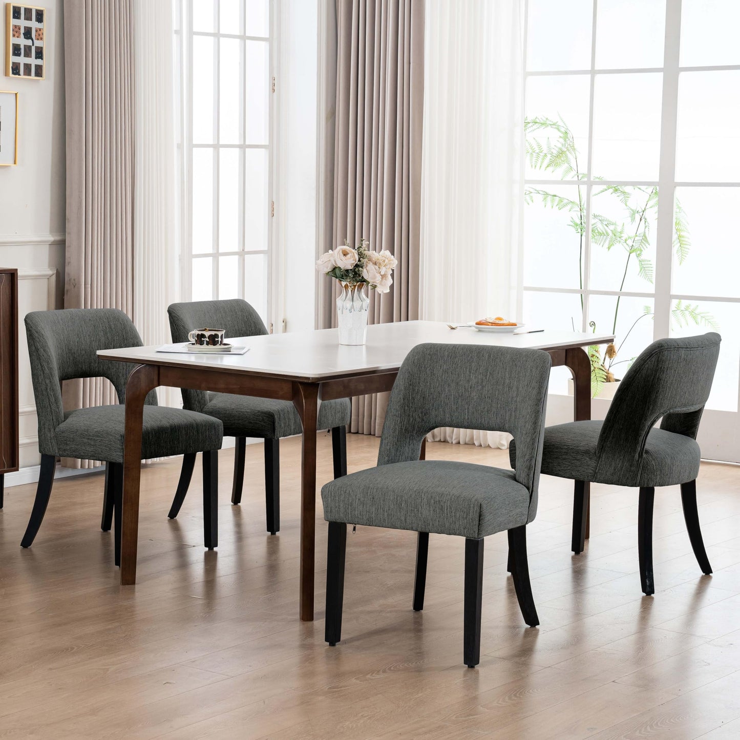 VKNOW Wooden Dining Chairs Set of 2, Modern Fabric Upholstered Dining Room Chair Kitchen Chairs, Farmhouse Dinner Chair for Kitchen Dining Room, Beige-Black Legs