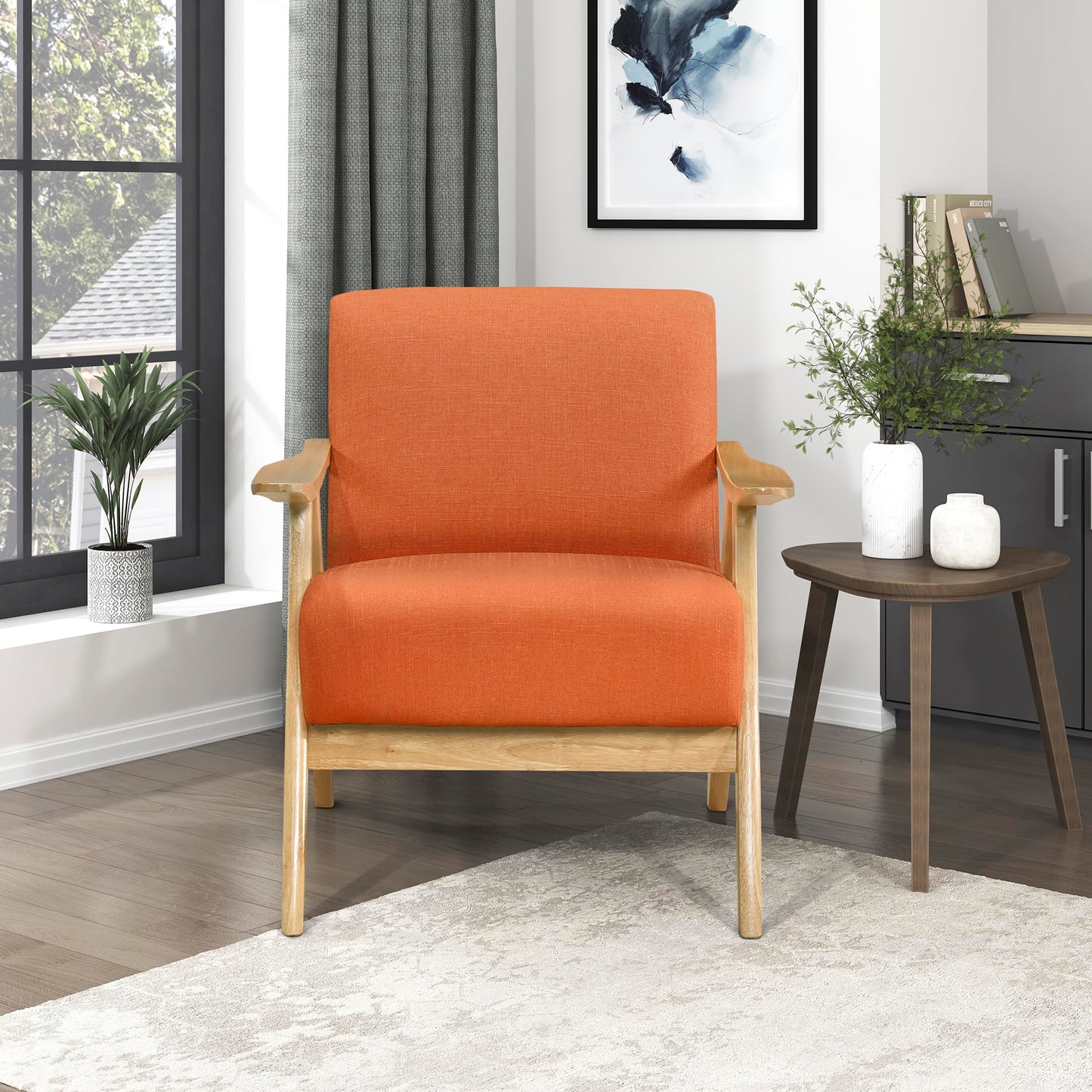 Lexicon Mid Century Modern Accent Chair with Solid Wood Frame in Walnut Finish, Upholstered Living Room Lounge Arm Chair, Thick and Comfy Innerspring Seat Cushion, Linen-Look Fabric, Gray