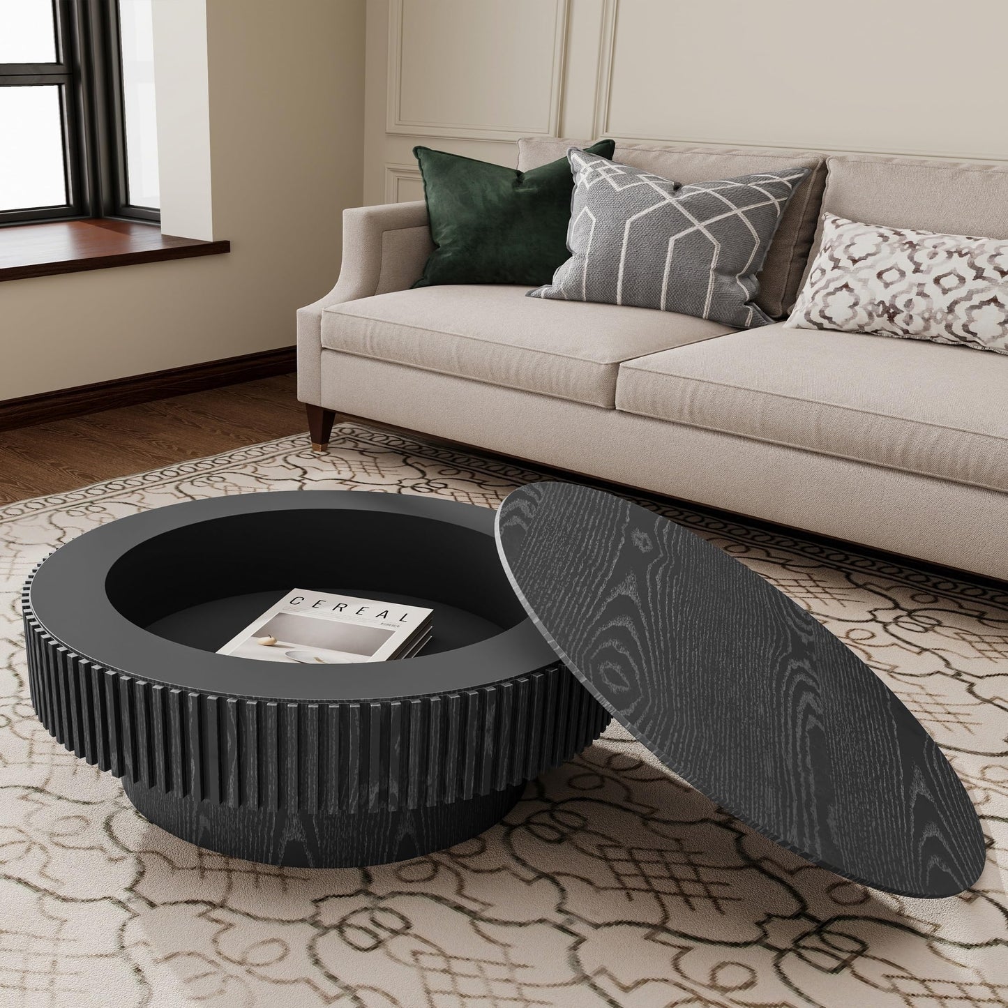 31.5" Round Drum Coffee Table with Storage, Handcraft Fluted Drum Coffee Table, Modern Wooden Circle Cocktail Tea Table Center Table with Sturdy Pedestal for Living Room Apartment (Walnut)