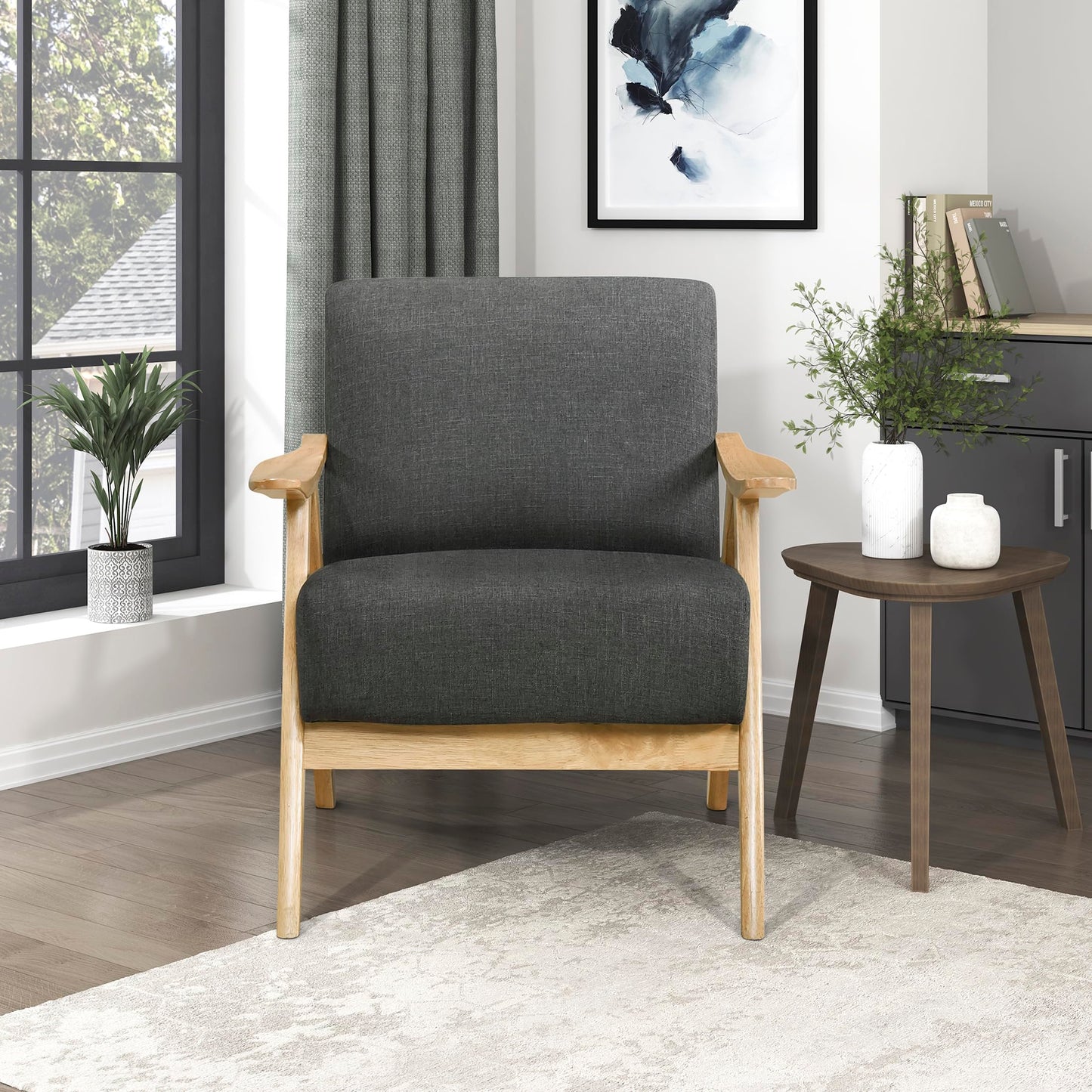 Lexicon Mid Century Modern Accent Chair with Solid Wood Frame in Walnut Finish, Upholstered Living Room Lounge Arm Chair, Thick and Comfy Innerspring Seat Cushion, Linen-Look Fabric, Gray