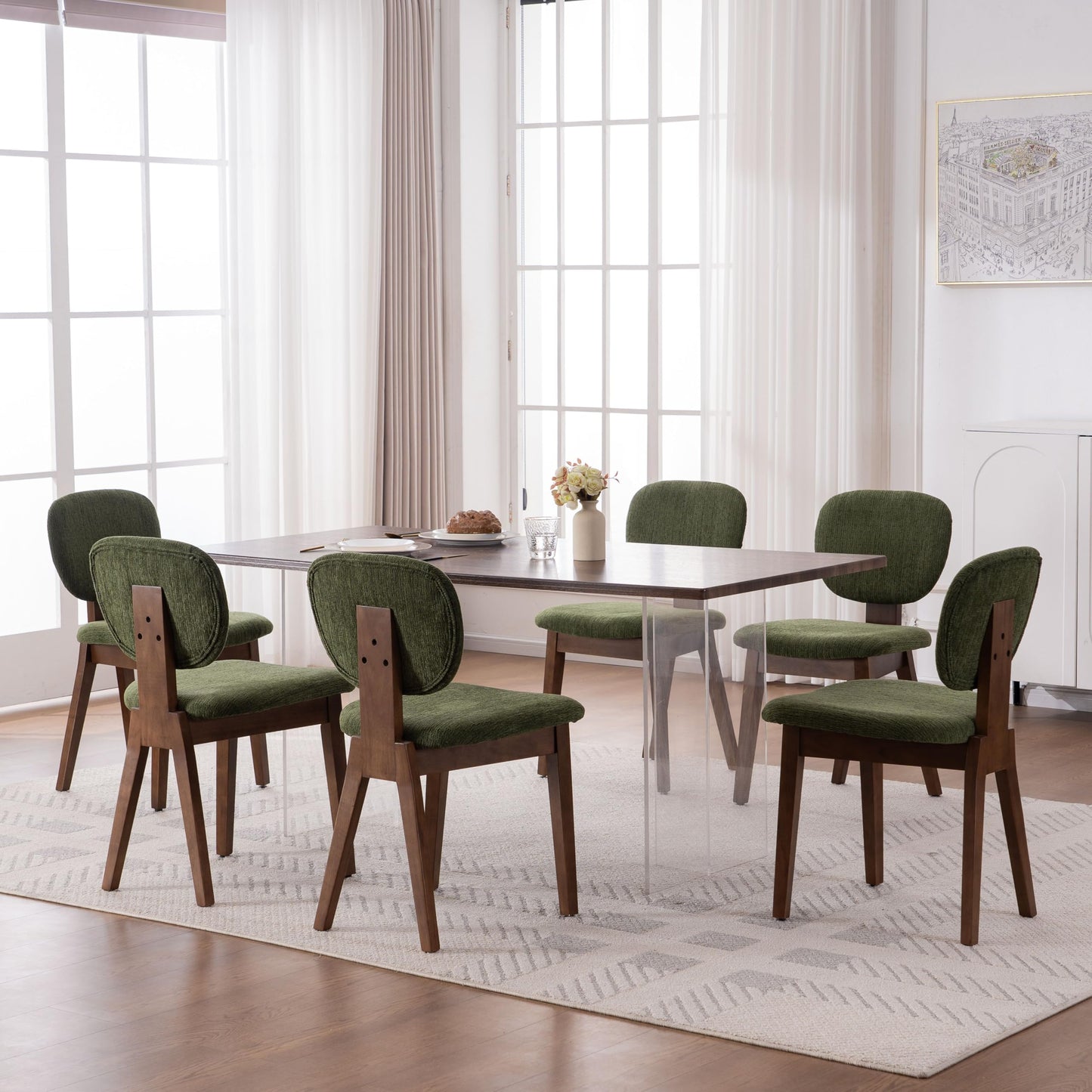 VKNOW Wooden Dining Chairs Set of 4, Mid Century Modern Upholstered Kitchen Side Chairs, Chenille Dining Room Chair with Curved Seat Backrest for Home Dining Room,Green