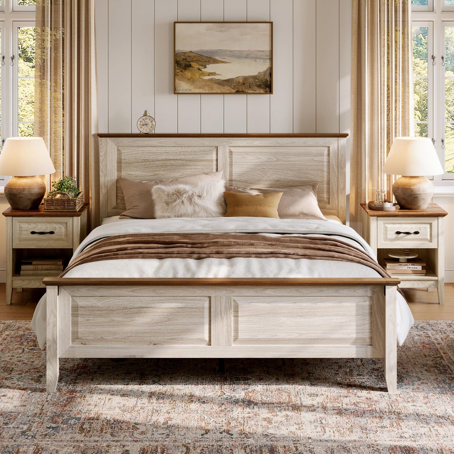 LINSY Wood Full Size Bed Frame with High Headboard, Farmhouse Bed Frame Full, Wood Bed Noise-Free, No Box Spring Needed - Grey