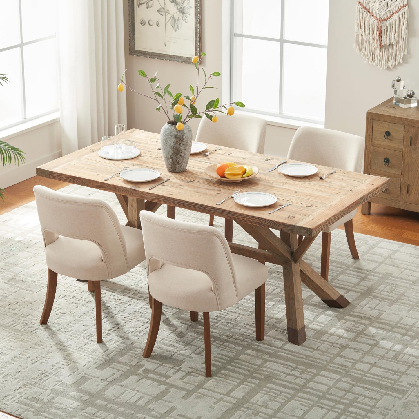 VKNOW Wooden Dining Chairs Set of 2, Modern Fabric Upholstered Dining Room Chair Kitchen Chairs, Farmhouse Dinner Chair for Kitchen Dining Room, Beige-Black Legs