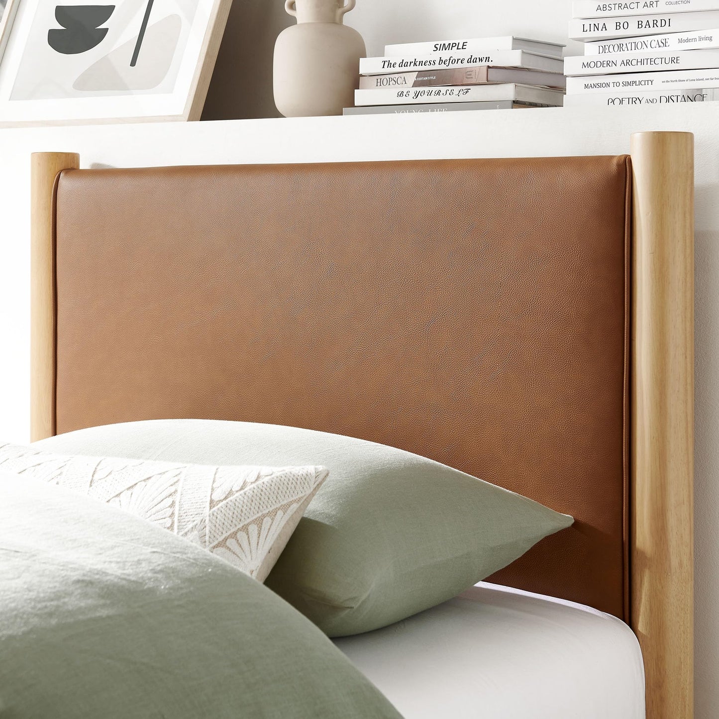 Modway Maven King Size Bed Frame in Tan Walnut with Faux Leather Upholstered Headboard and Footboard – Wood King Platform Bed Frame – No Box Spring Needed