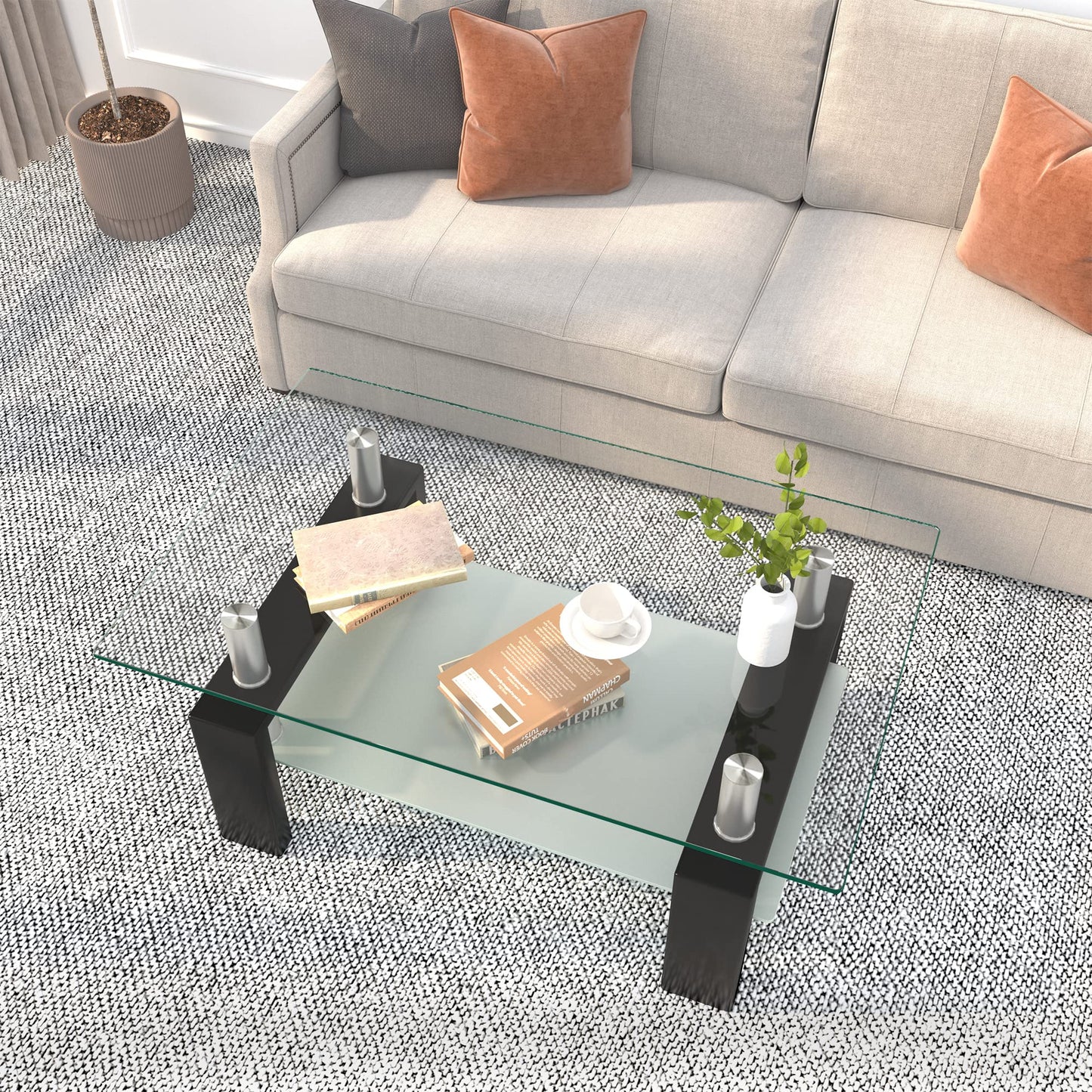 Meihua Tempered Glass Coffee Table for Living Room, Clear Center Table with 0.47 inch Tempered Glass, Transparent Modern Coffee Table