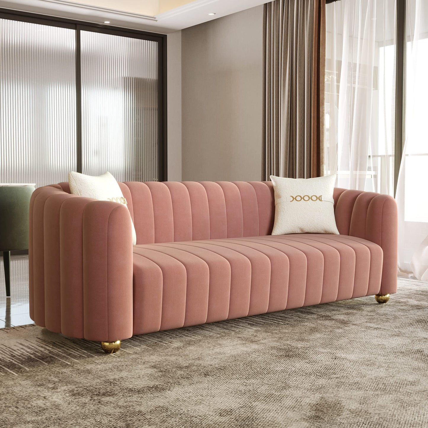83'' Sofa for Living Room Modern Teddy Short Plush Couch 3-Seater Apartment Sofa with 2 Pillows & Golden Metal Legs
