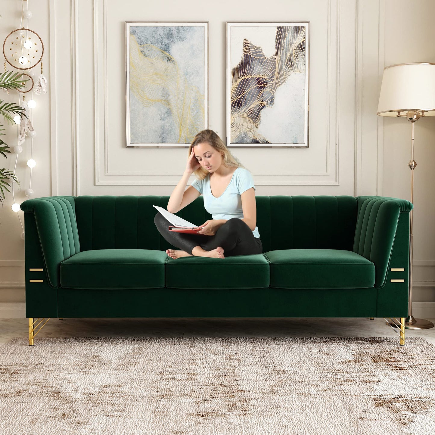 85.63" Velvet Sofa,Modern Loveseat Couch with Pillows Set of 2 for Living Room,Bedroom,Apartment Furniture with Gold Metal Legs (Green)