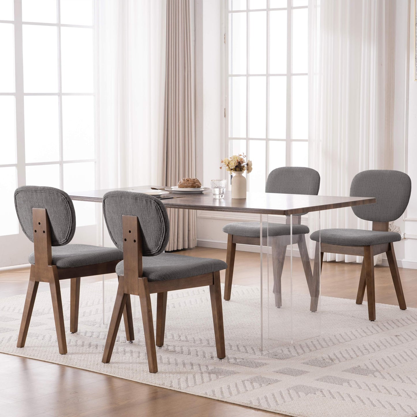 VKNOW Wooden Dining Chairs Set of 4, Mid Century Modern Upholstered Kitchen Side Chairs, Chenille Dining Room Chair with Curved Seat Backrest for Home Dining Room,Green