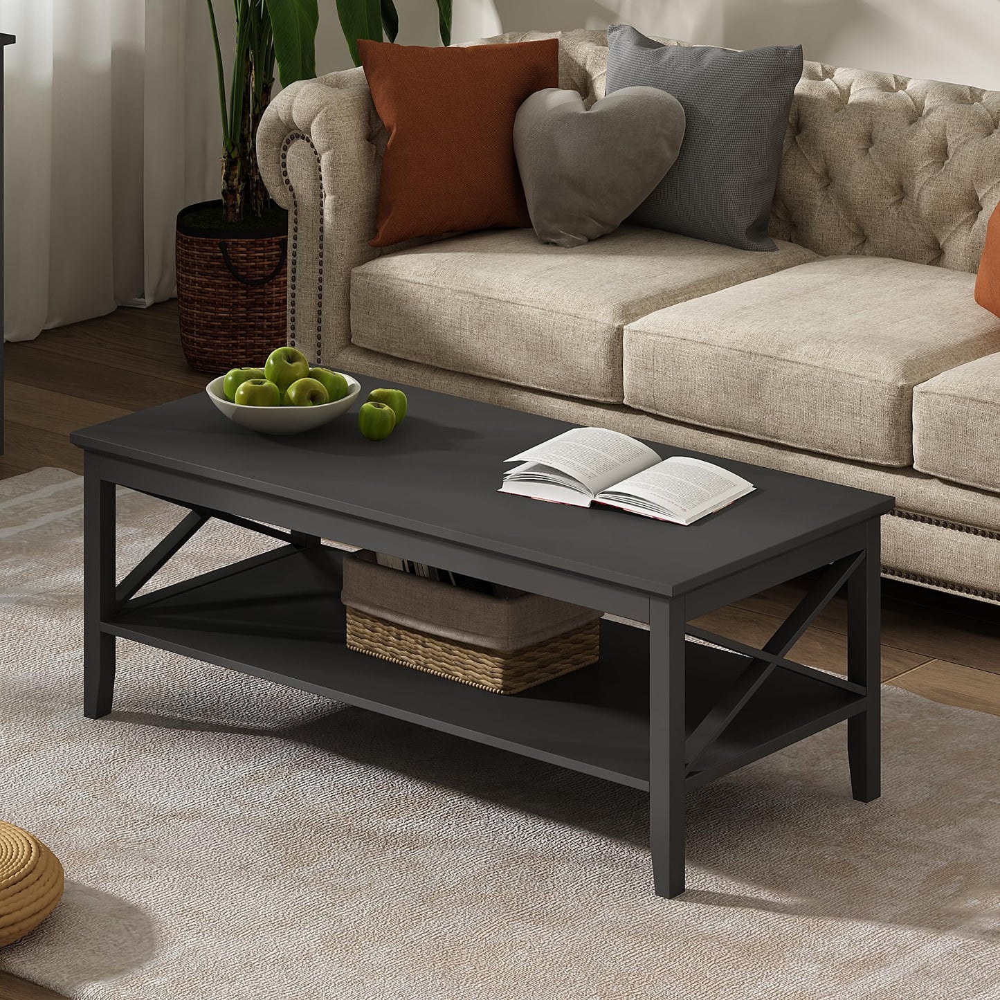ChooChoo White Coffee Table Classic X Design for Living Room, Rectangular Modern Cocktail Table with Storage Shelf, 39 Inch