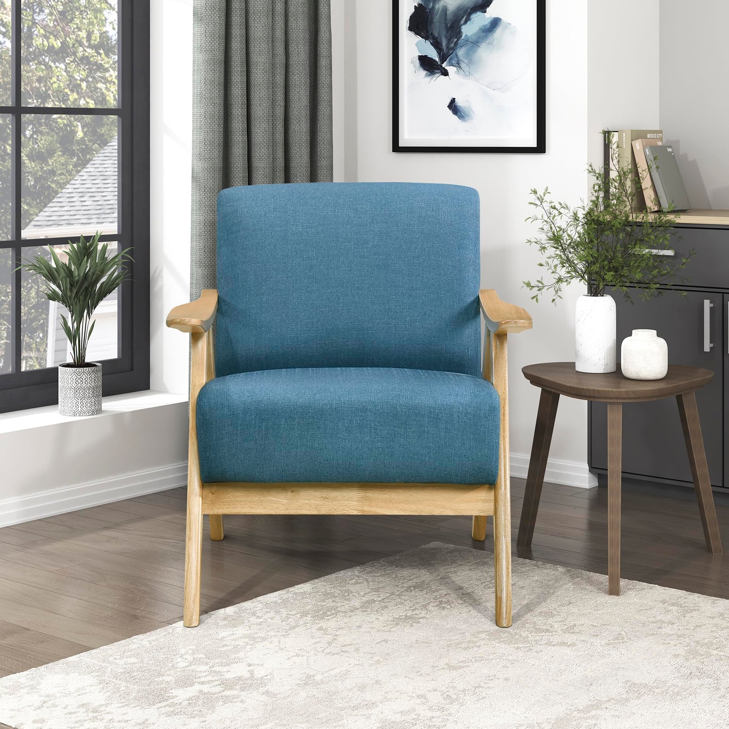 Lexicon Mid Century Modern Accent Chair with Solid Wood Frame in Walnut Finish, Upholstered Living Room Lounge Arm Chair, Thick and Comfy Innerspring Seat Cushion, Linen-Look Fabric, Gray