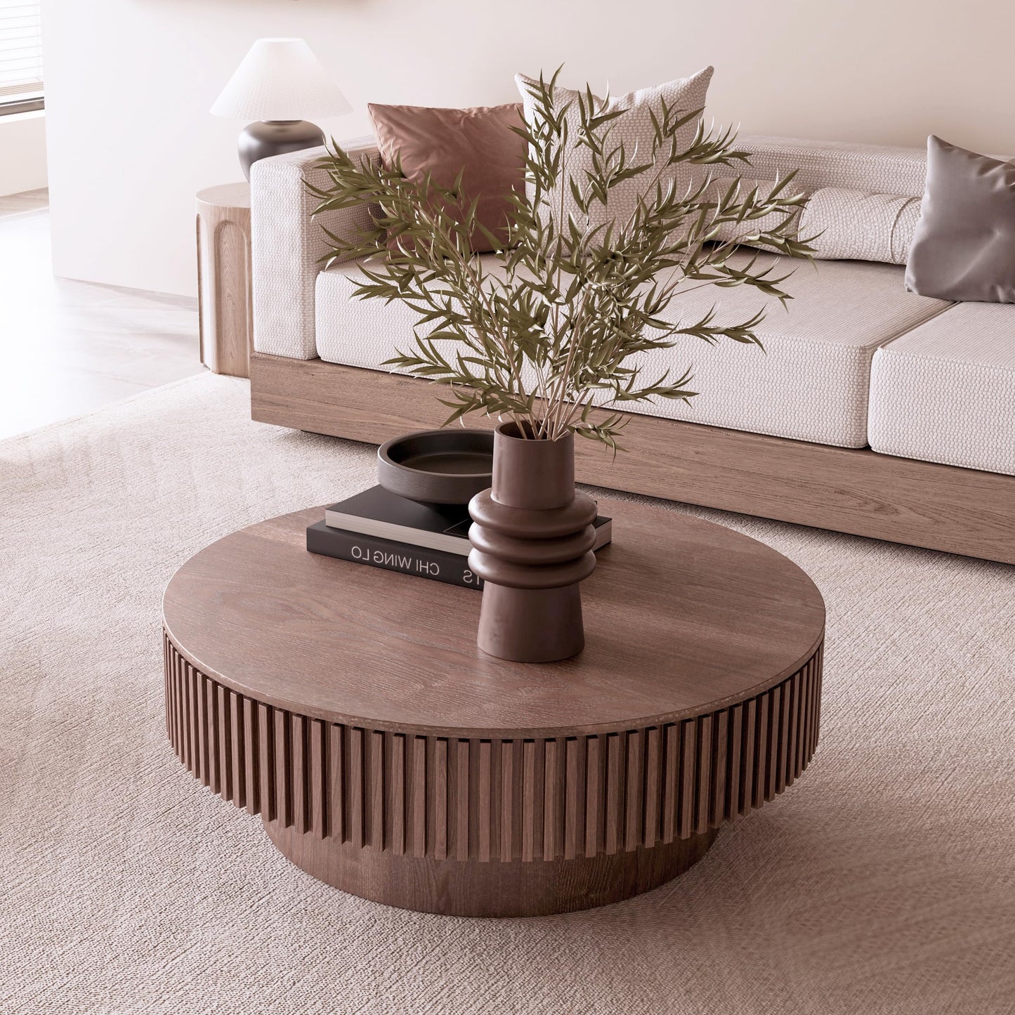 31.5" Round Drum Coffee Table with Storage, Handcraft Fluted Drum Coffee Table, Modern Wooden Circle Cocktail Tea Table Center Table with Sturdy Pedestal for Living Room Apartment (Walnut)