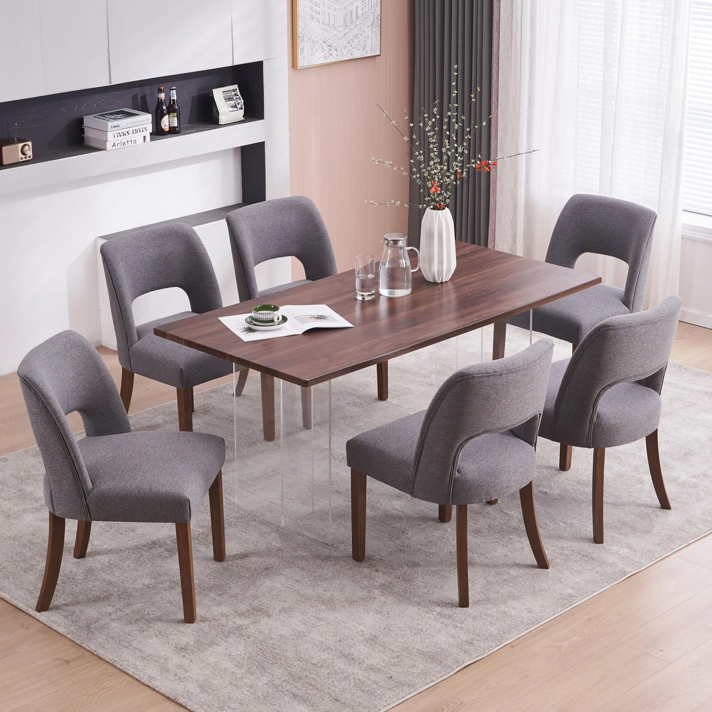 VKNOW Wooden Dining Chairs Set of 2, Modern Fabric Upholstered Dining Room Chair Kitchen Chairs, Farmhouse Dinner Chair for Kitchen Dining Room, Beige-Black Legs