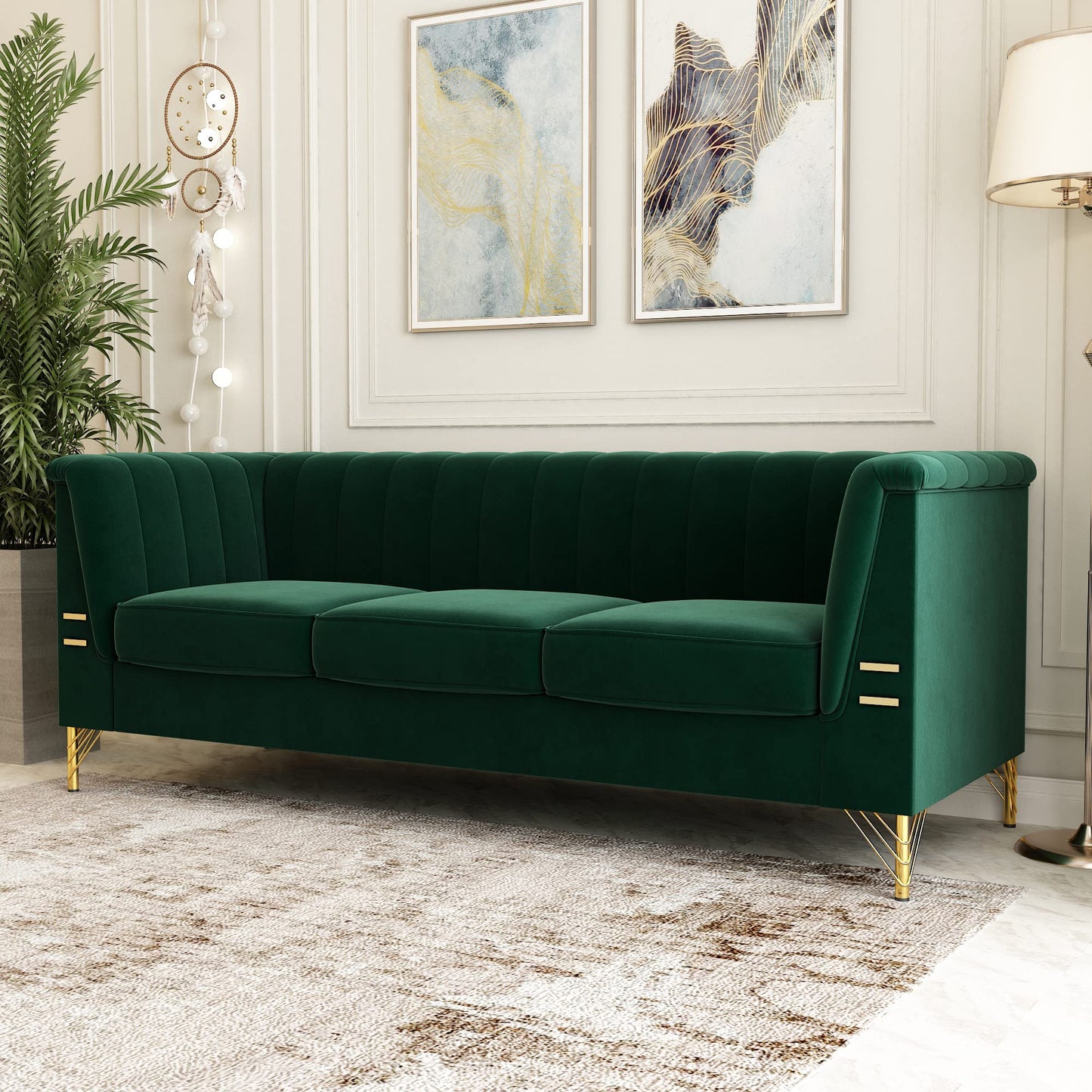 85.63" Velvet Sofa,Modern Loveseat Couch with Pillows Set of 2 for Living Room,Bedroom,Apartment Furniture with Gold Metal Legs (Green)