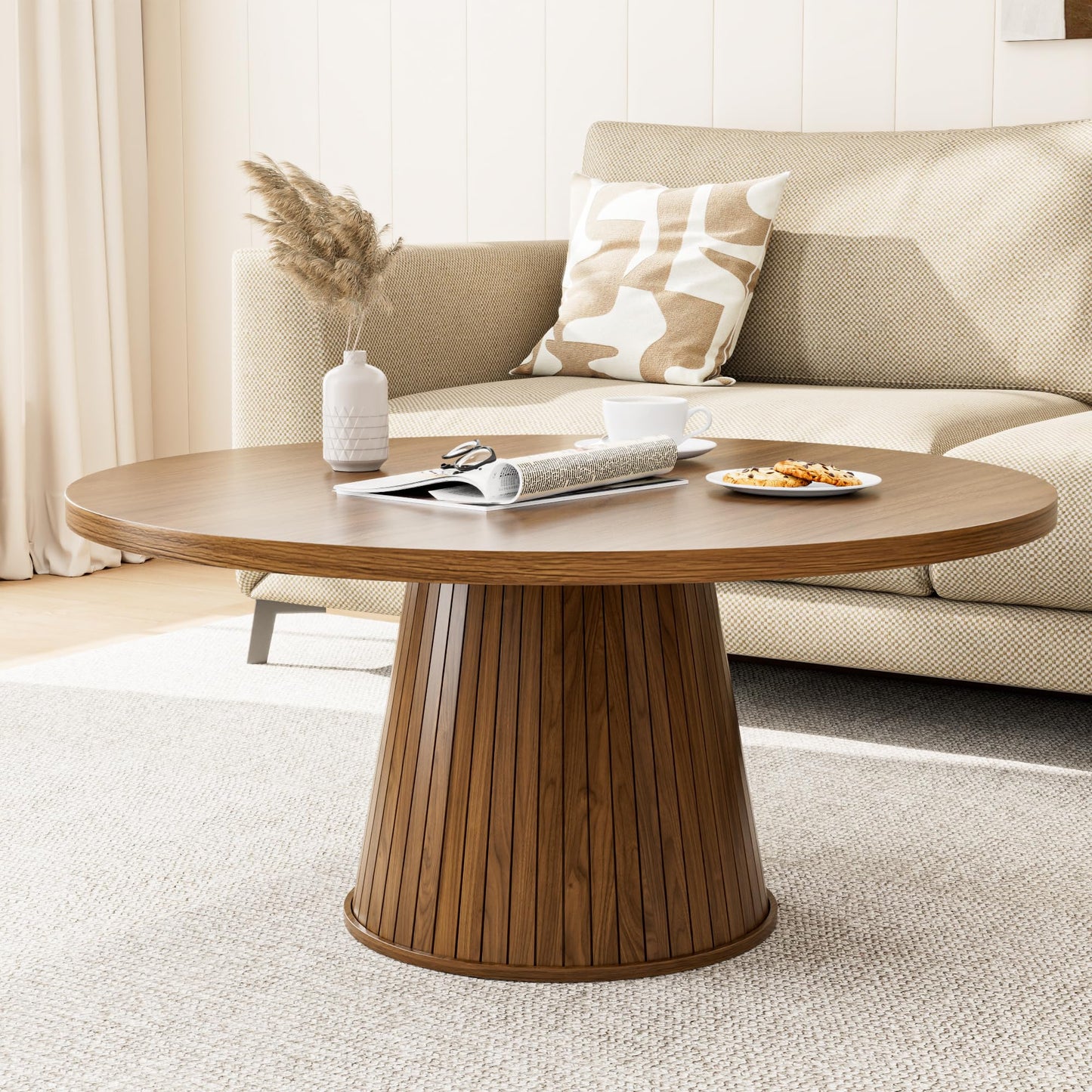 Fluted Round Coffee Table, Mid Century Modern Coffee Table, Small Walnut Circle Center Table, Brown, Farmhouse Wood, for Living Room, 31.5 Inches, Rustic, Easy Assembly