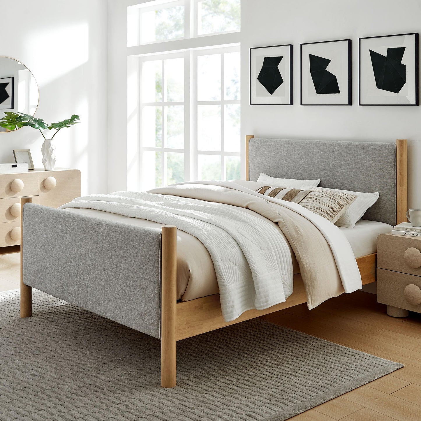 Modway Maven King Size Bed Frame in Tan Walnut with Faux Leather Upholstered Headboard and Footboard – Wood King Platform Bed Frame – No Box Spring Needed