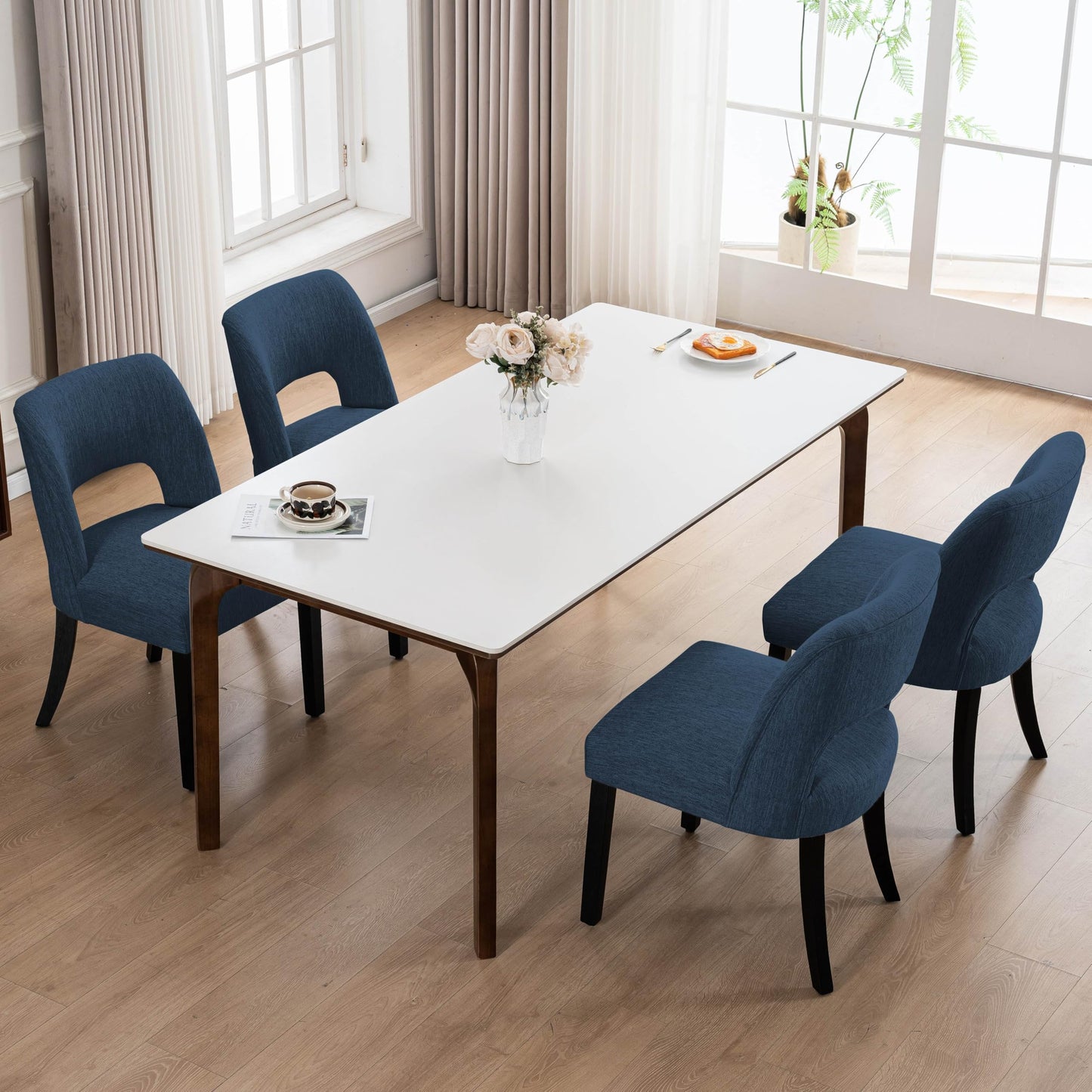 VKNOW Wooden Dining Chairs Set of 2, Modern Fabric Upholstered Dining Room Chair Kitchen Chairs, Farmhouse Dinner Chair for Kitchen Dining Room, Beige-Black Legs