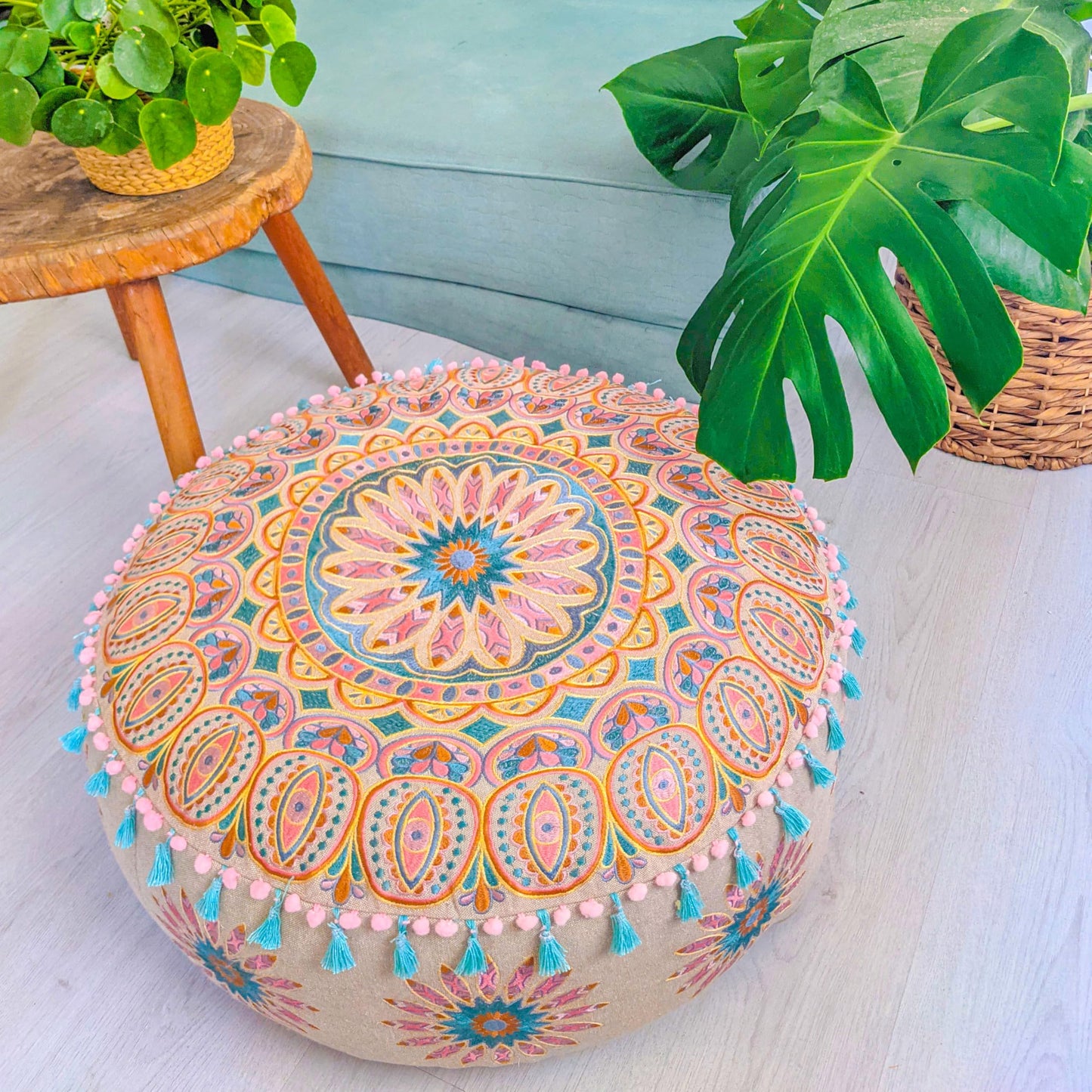 Large Round Floor Pillow Cover Blue Indian Décorative Accent Meditation Cushion Perfect for Living Room, Bedroom, Nursary or Children Room Seating Area Stool Footstool Pouf Ottoman 24x8 Unstuffed