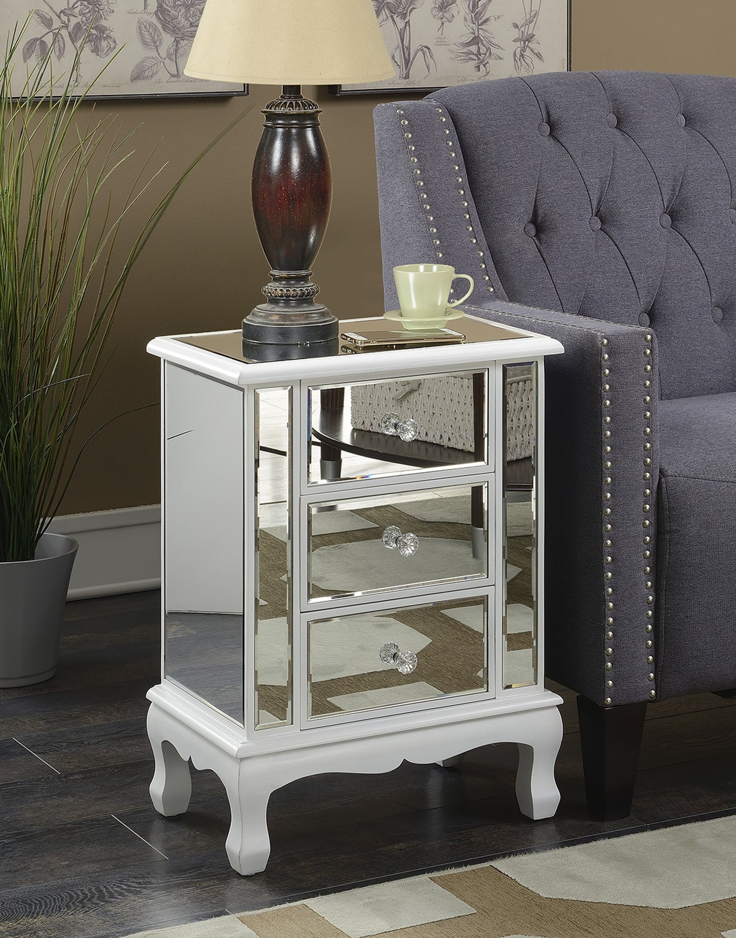 Convenience Concepts Gold Coast Vineyard Mirrored End Table 19" - Living Room Table with 3 Drawers for Storage, Nightstand Side Table, Weathered White/Mirror