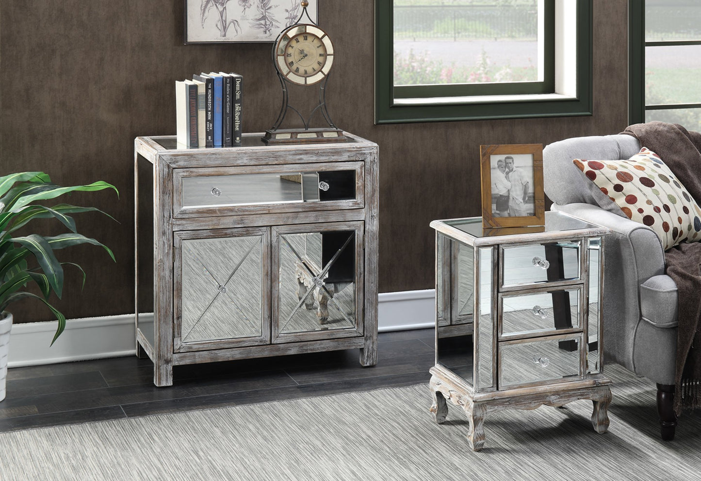 Convenience Concepts Gold Coast Vineyard Mirrored End Table 19" - Living Room Table with 3 Drawers for Storage, Nightstand Side Table, Weathered White/Mirror