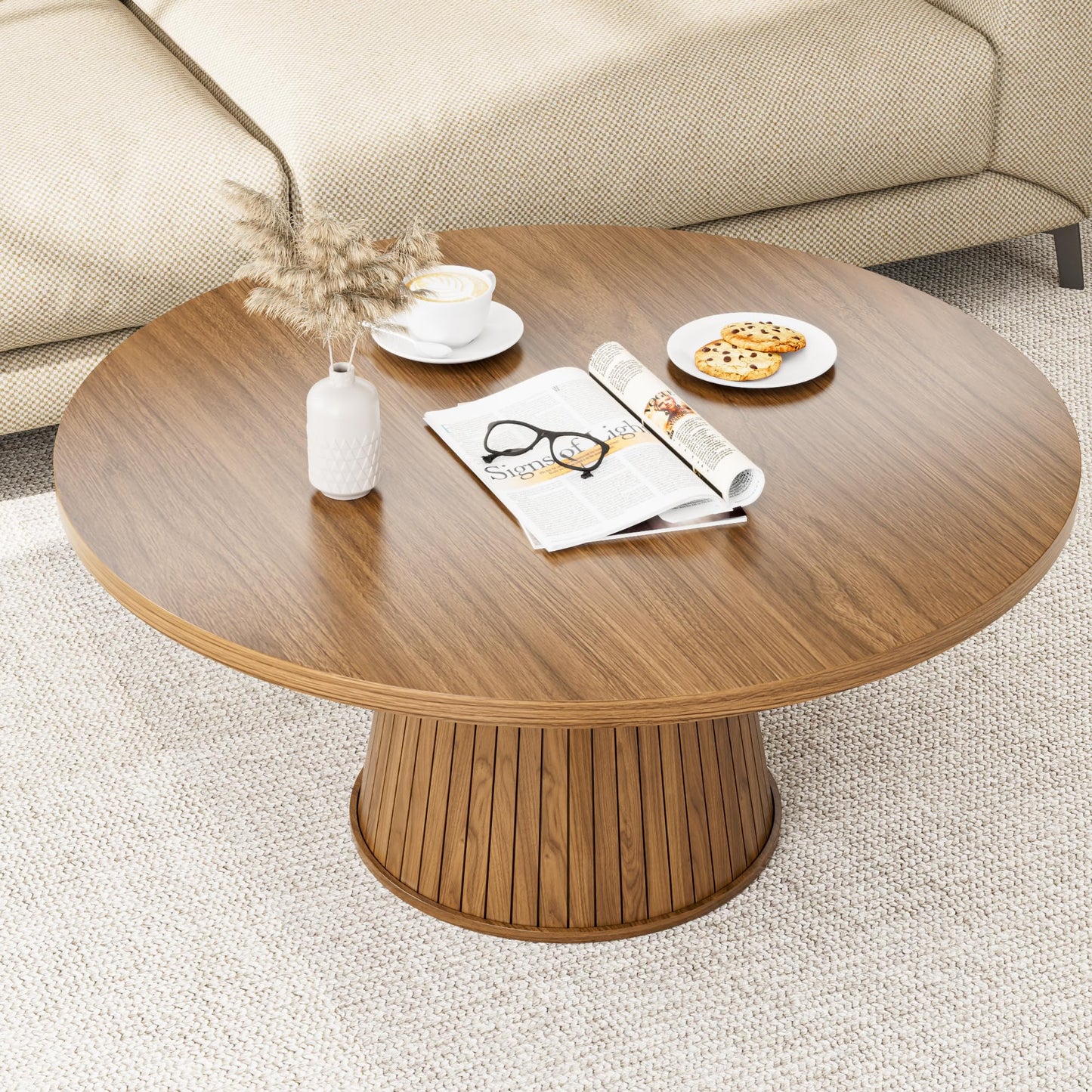 Fluted Round Coffee Table, Mid Century Modern Coffee Table, Small Walnut Circle Center Table, Brown, Farmhouse Wood, for Living Room, 31.5 Inches, Rustic, Easy Assembly