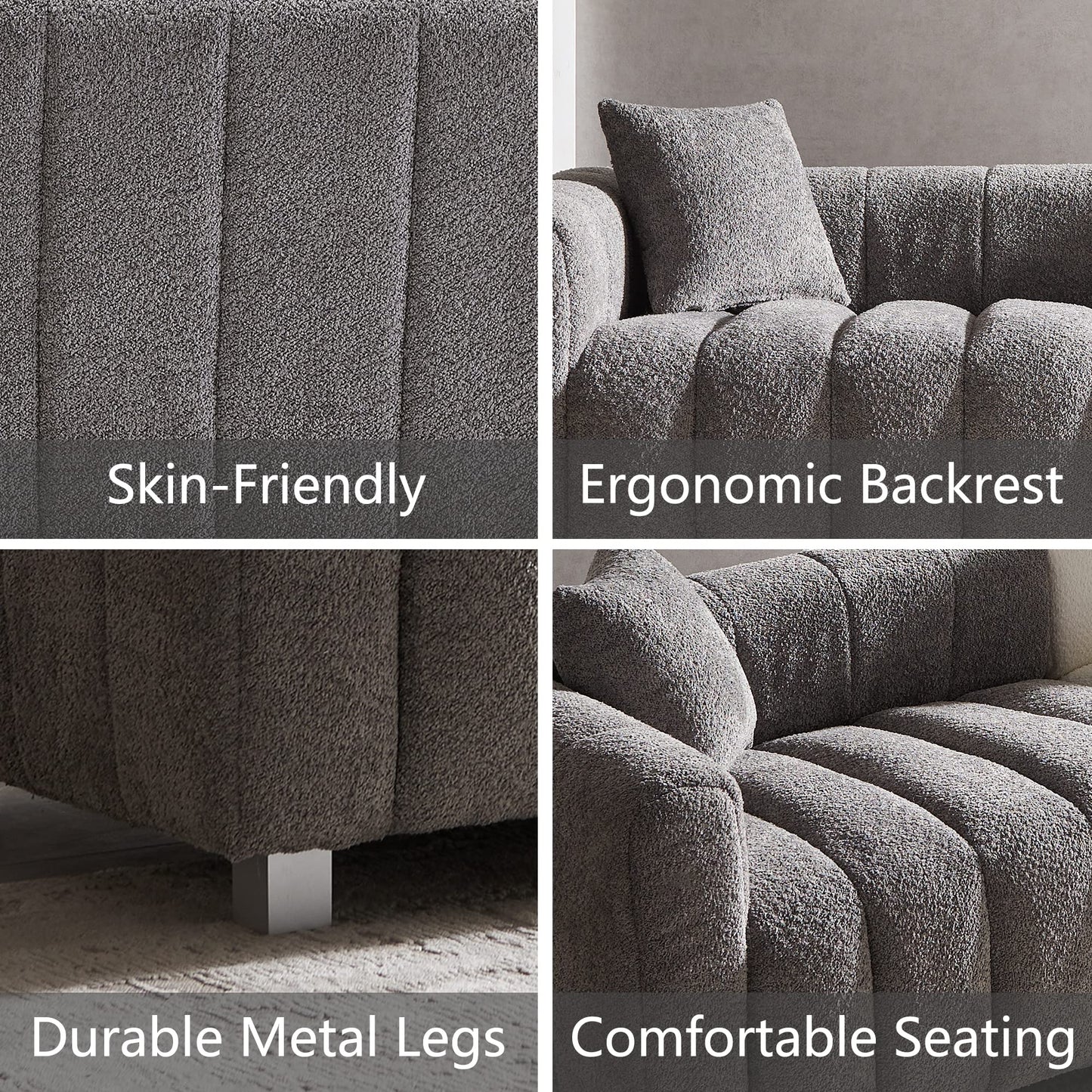 87.4" Modern 3 Seater Boucle Sofa Couch for Living Room, Mid Century Fluffy Couches with Solid Wood Frame and 6 Legs for Bedroom, Apartment, Weight Capacity 750 LBS (White)