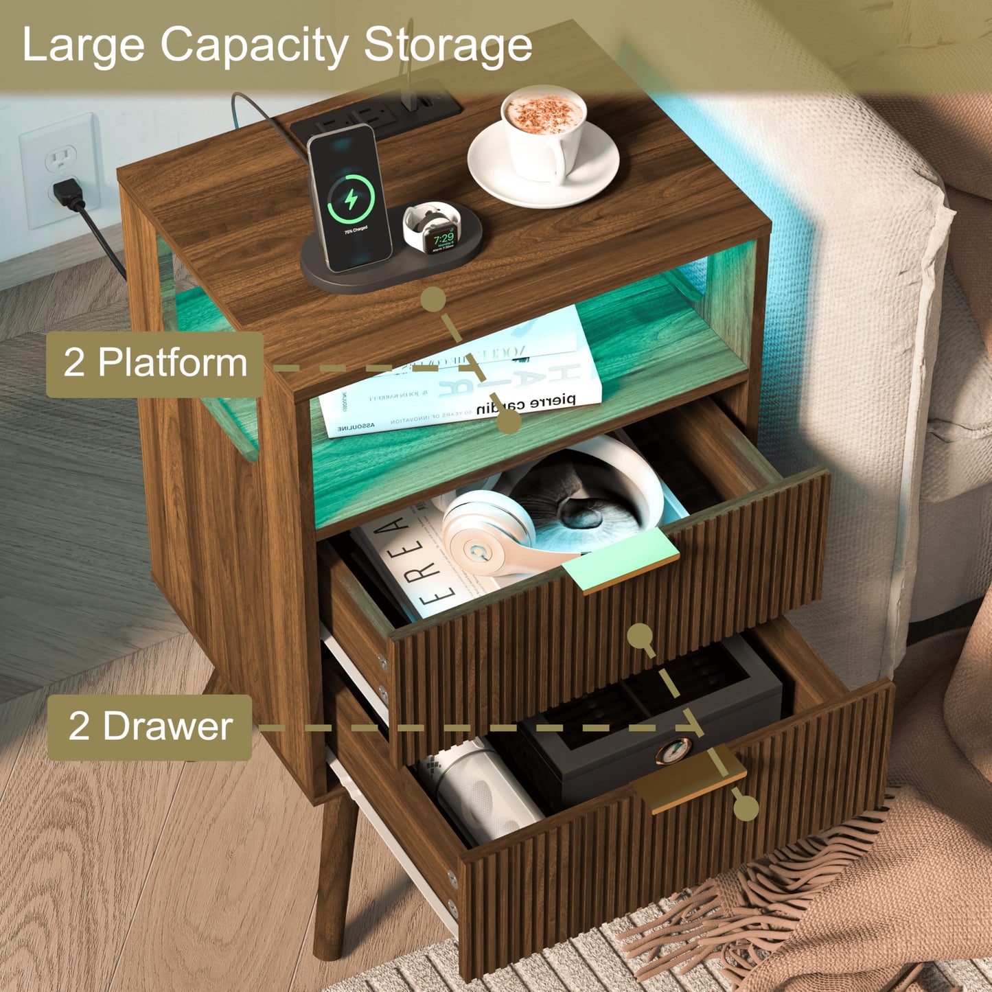 Nightstand with Charging Station and LED Lights,Modern Bedside Table with 2 Storage Drawer and Open Wood Shelf, for Bedroom and Small Spaces,Night Stand with Solid Wood Legs,GreyOak