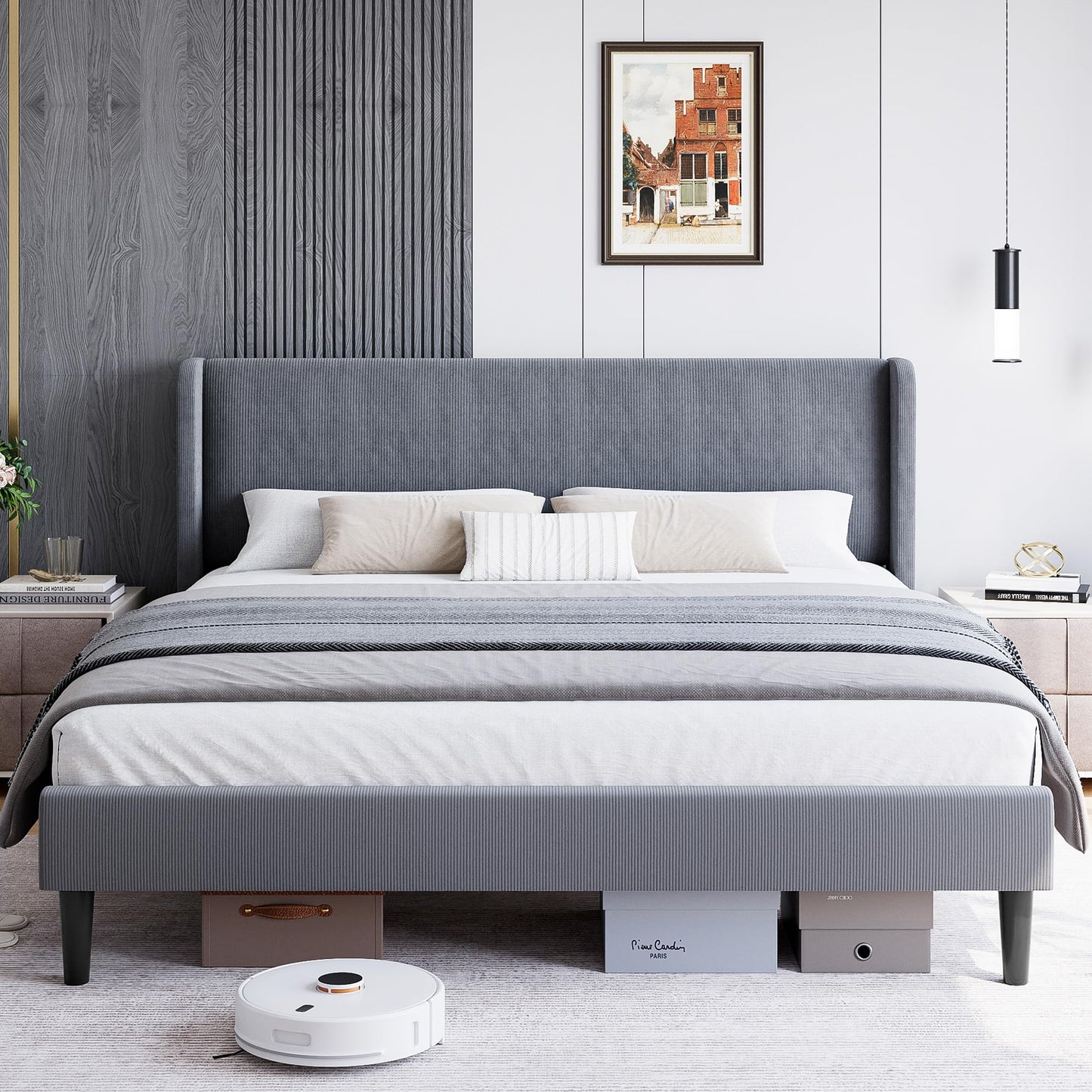 IDEALHOUSE King Upholstered Bed Frame with Wingback Headboard, Luxurious Velvet Upholstery Platform Bed, Wooden Slat Support, and Easy Assembly - Box Spring Optional, Light Gray