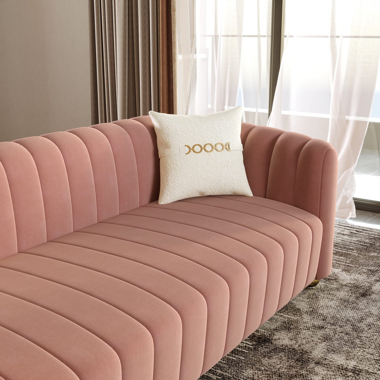 83'' Sofa for Living Room Modern Teddy Short Plush Couch 3-Seater Apartment Sofa with 2 Pillows & Golden Metal Legs