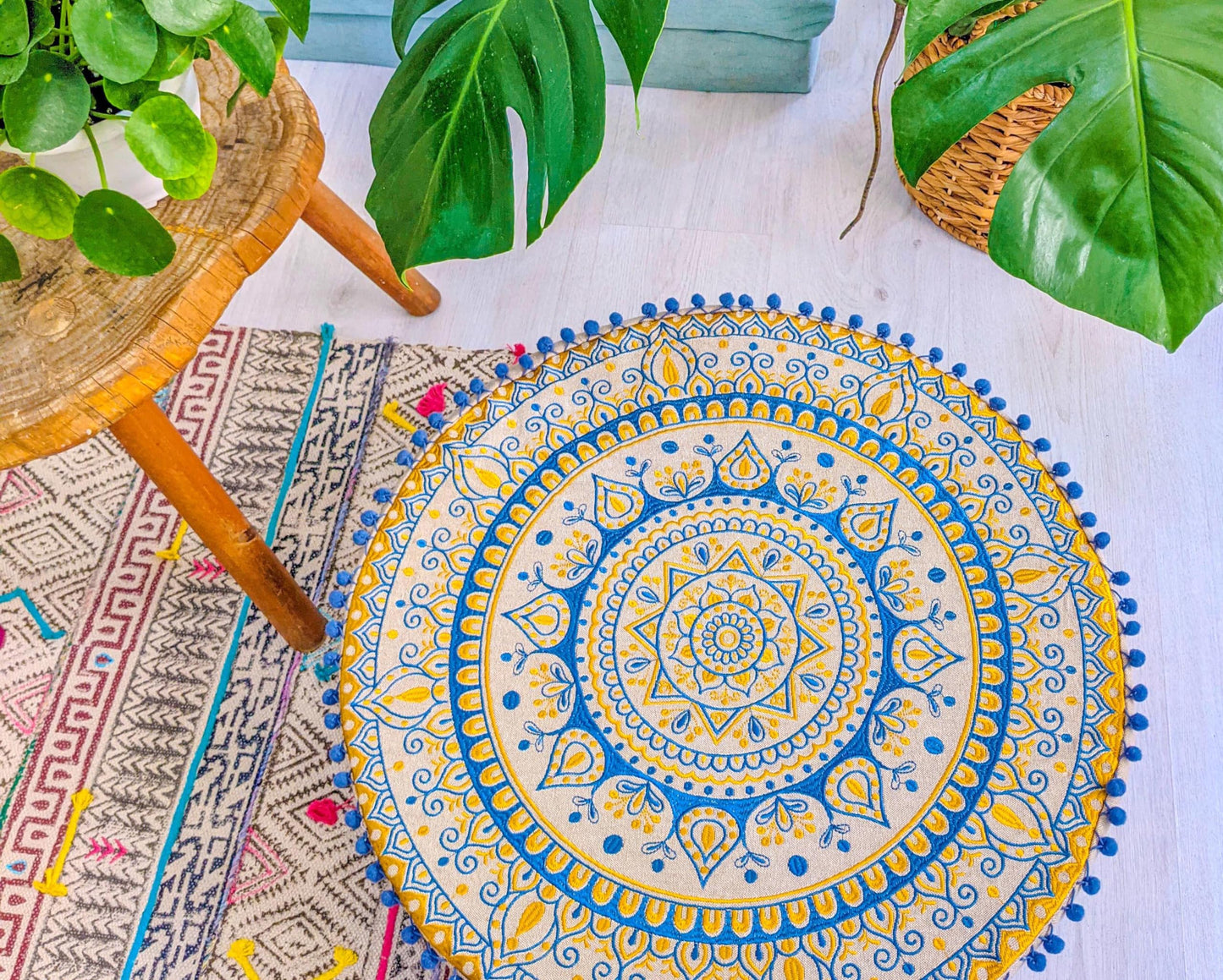 Large Round Floor Pillow Cover Blue Indian Décorative Accent Meditation Cushion Perfect for Living Room, Bedroom, Nursary or Children Room Seating Area Stool Footstool Pouf Ottoman 24x8 Unstuffed