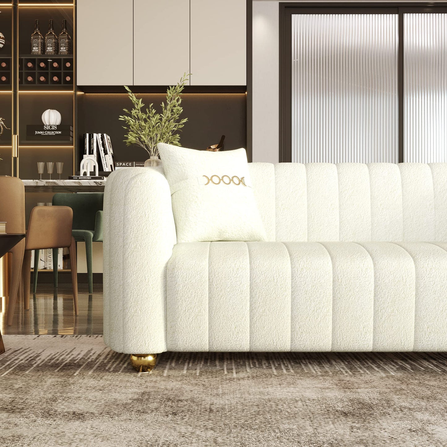 83'' Sofa for Living Room Modern Teddy Short Plush Couch 3-Seater Apartment Sofa with 2 Pillows & Golden Metal Legs