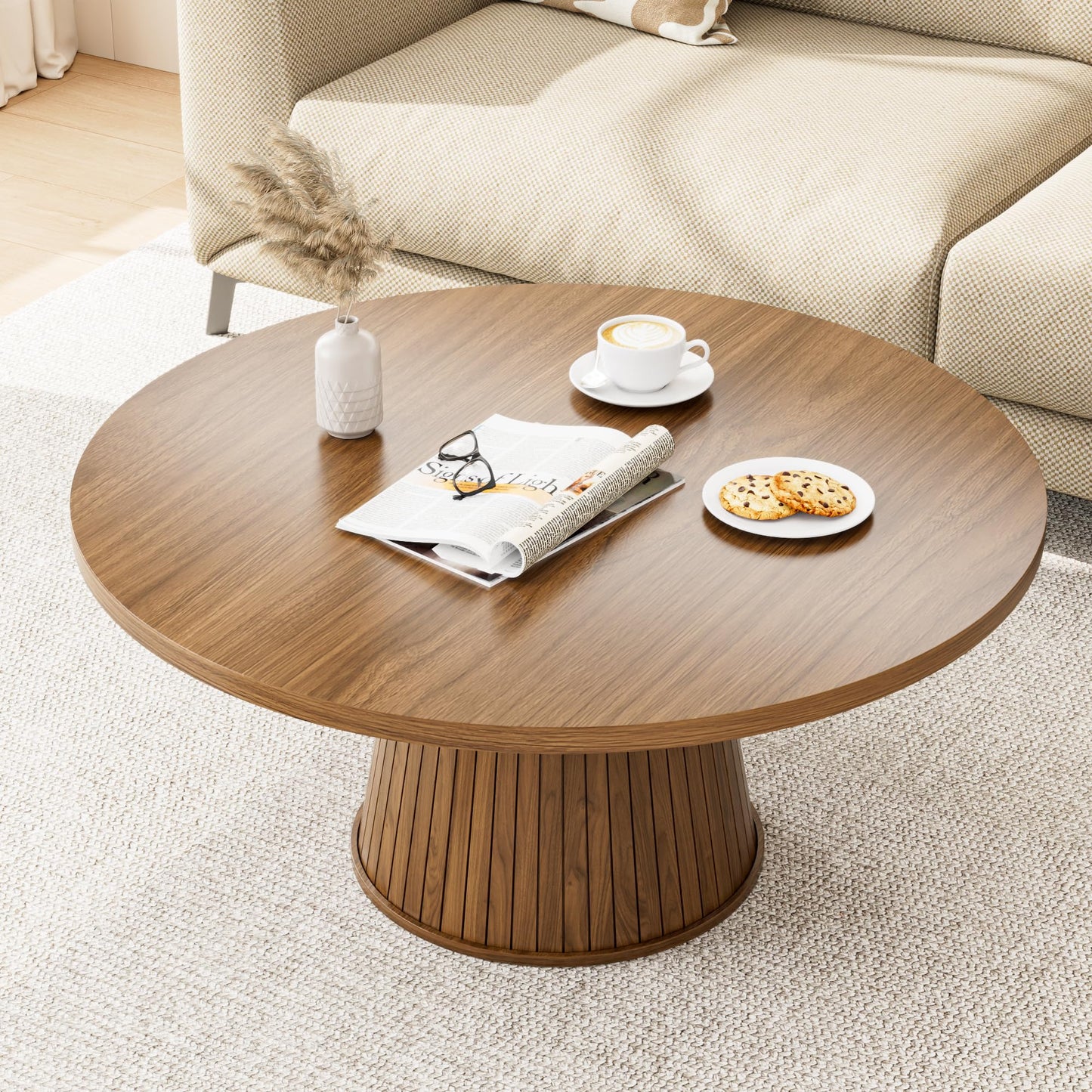Fluted Round Coffee Table, Mid Century Modern Coffee Table, Small Walnut Circle Center Table, Brown, Farmhouse Wood, for Living Room, 31.5 Inches, Rustic, Easy Assembly