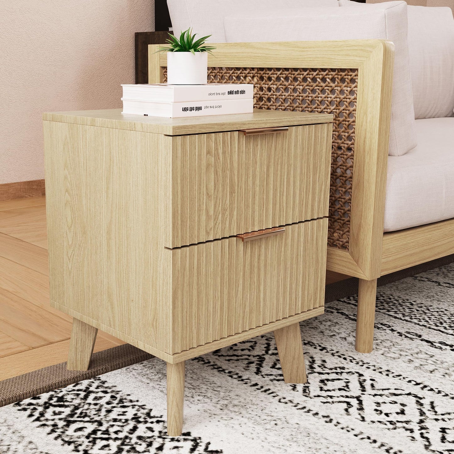 Fluted Nightstand Set of 2, Mid Century Modern 2 Drawer Dresser for Bedroom, Small Dresser Night Stand Side Table End Table with Wood Fluted Drawer Storage for Bedroom Closet(Walnut)