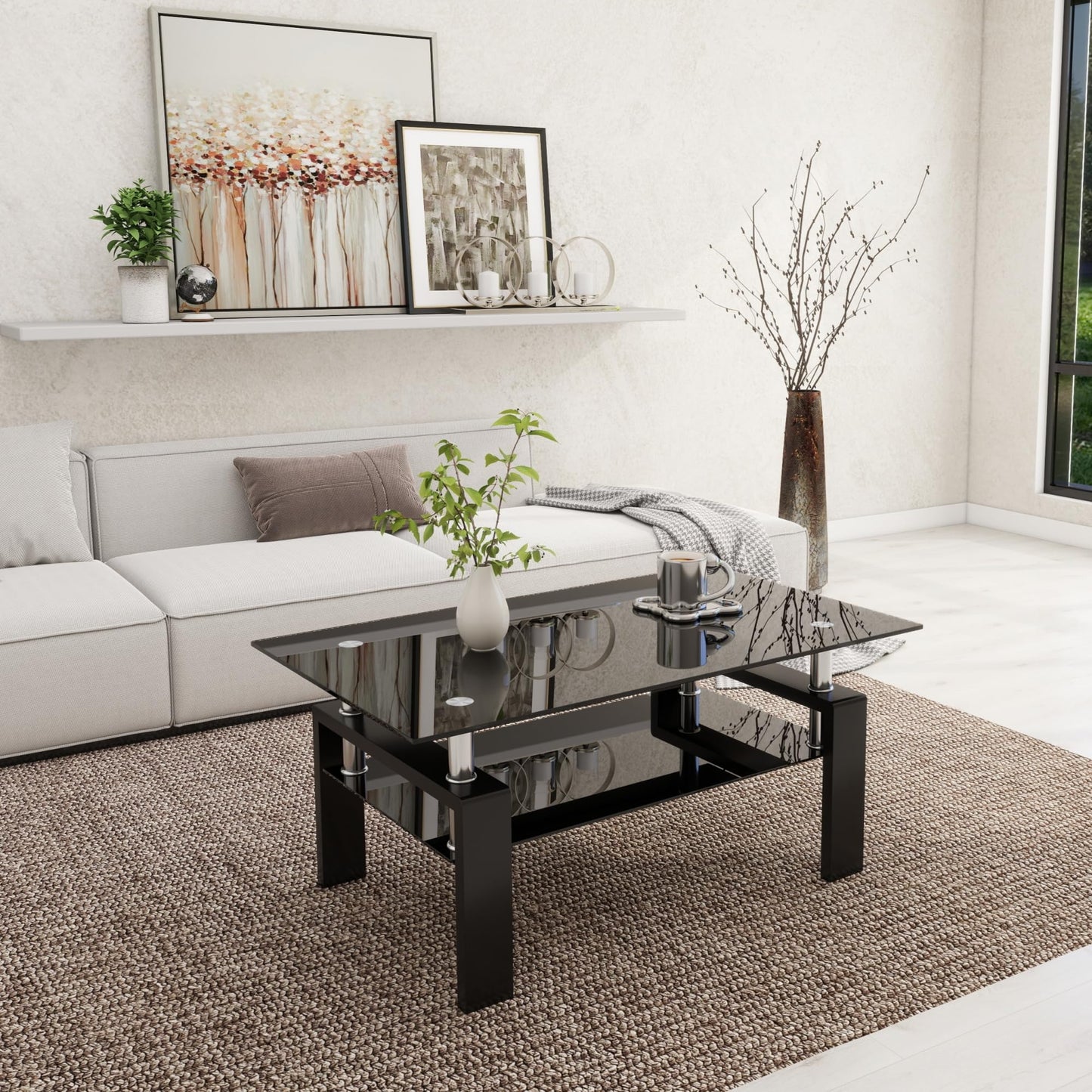 Meihua Tempered Glass Coffee Table for Living Room, Clear Center Table with 0.47 inch Tempered Glass, Transparent Modern Coffee Table